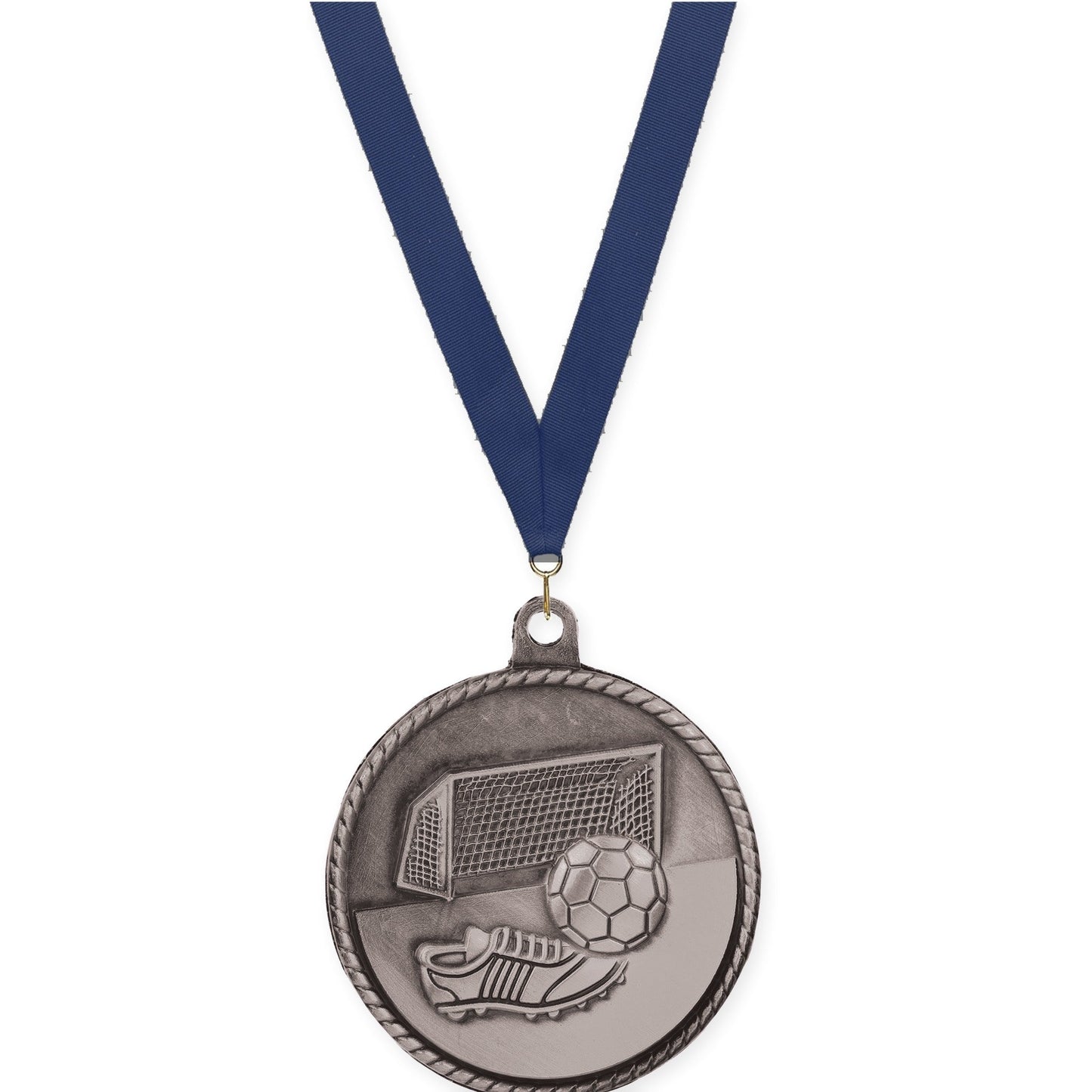 2 inch soccer High Relief medal in antique silver with Navy neck ribbon