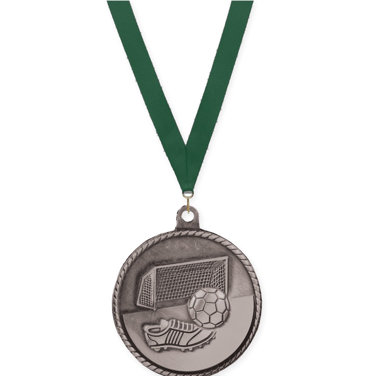 2 inch soccer High Relief medal in antique silver with Hunter Green neck ribbon