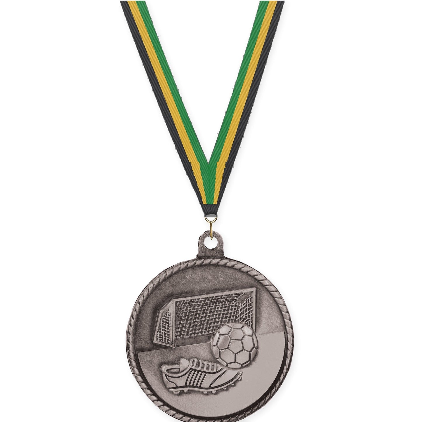 2 inch soccer High Relief medal in antique silver with Black Gold Green neck ribbon
