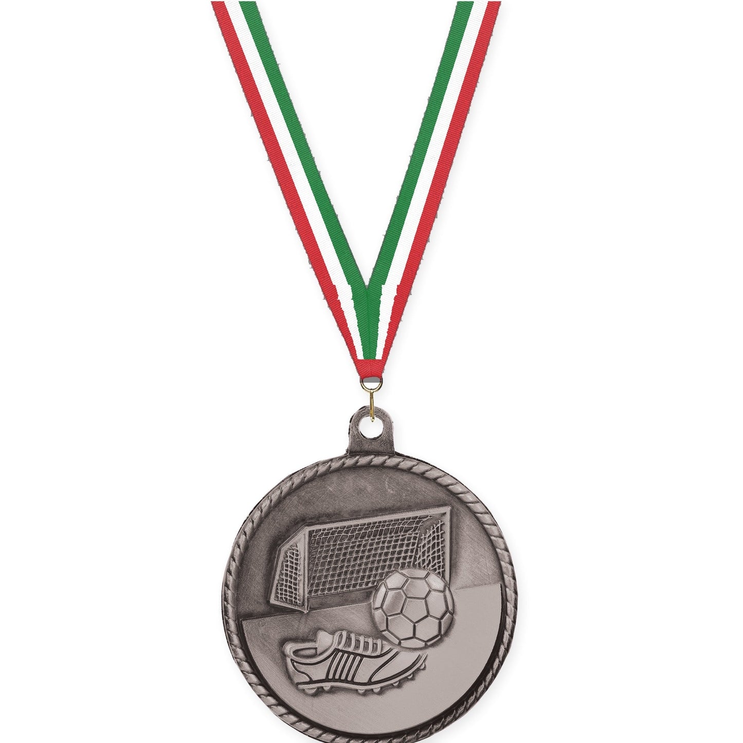 2 inch soccer High Relief medal in antique silver with Red White Green neck ribbon