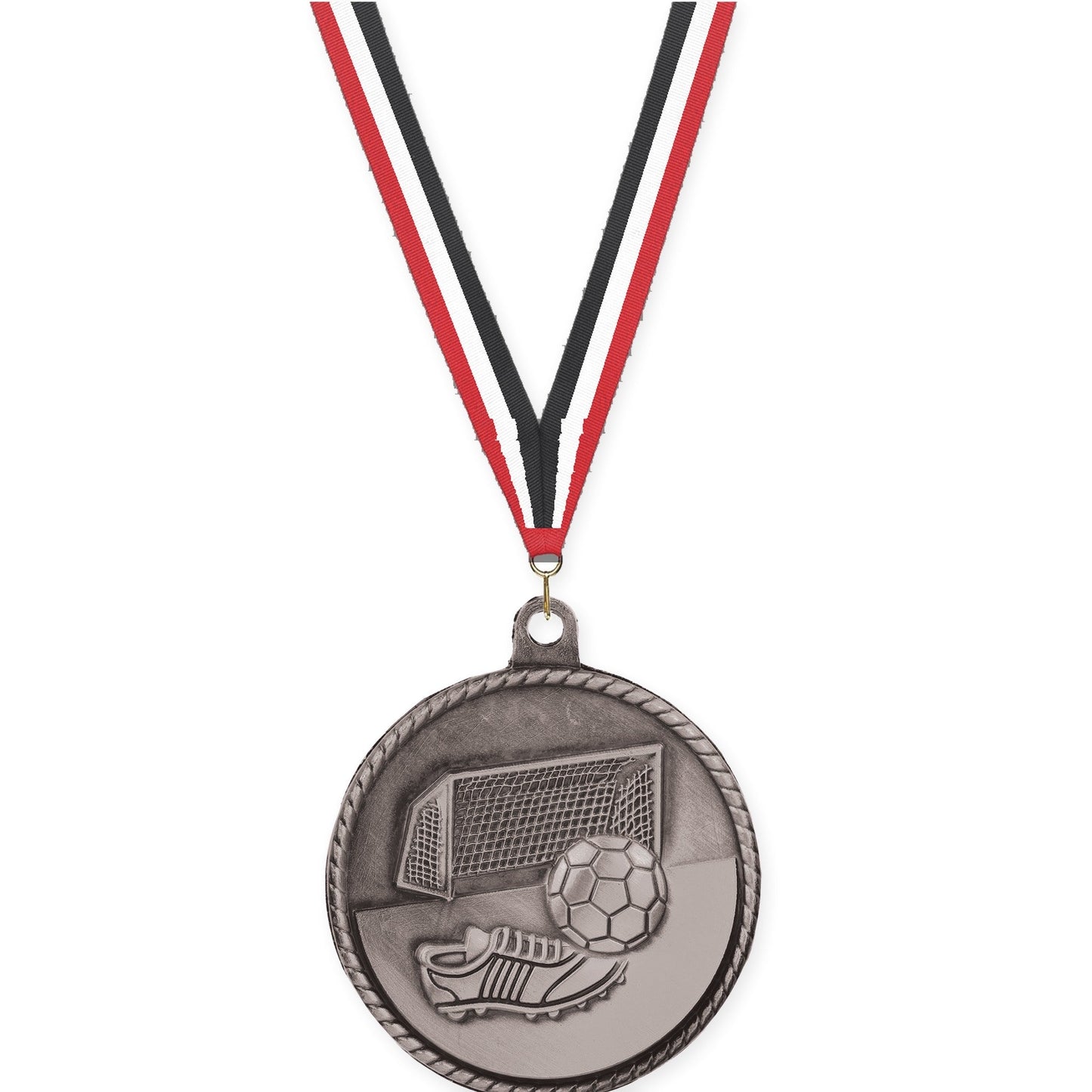 2 inch soccer High Relief medal in antique silver with Red White Black neck ribbon