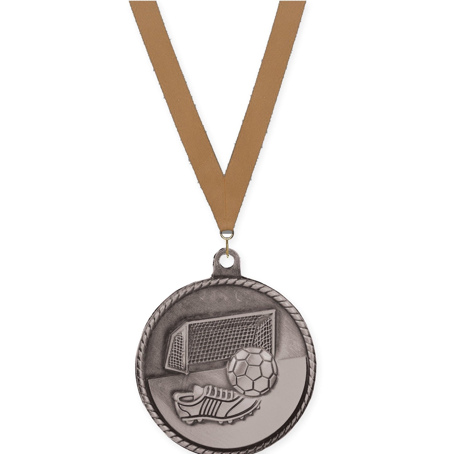 2 inch soccer High Relief medal in antique silver with Bronze Metallic neck ribbon