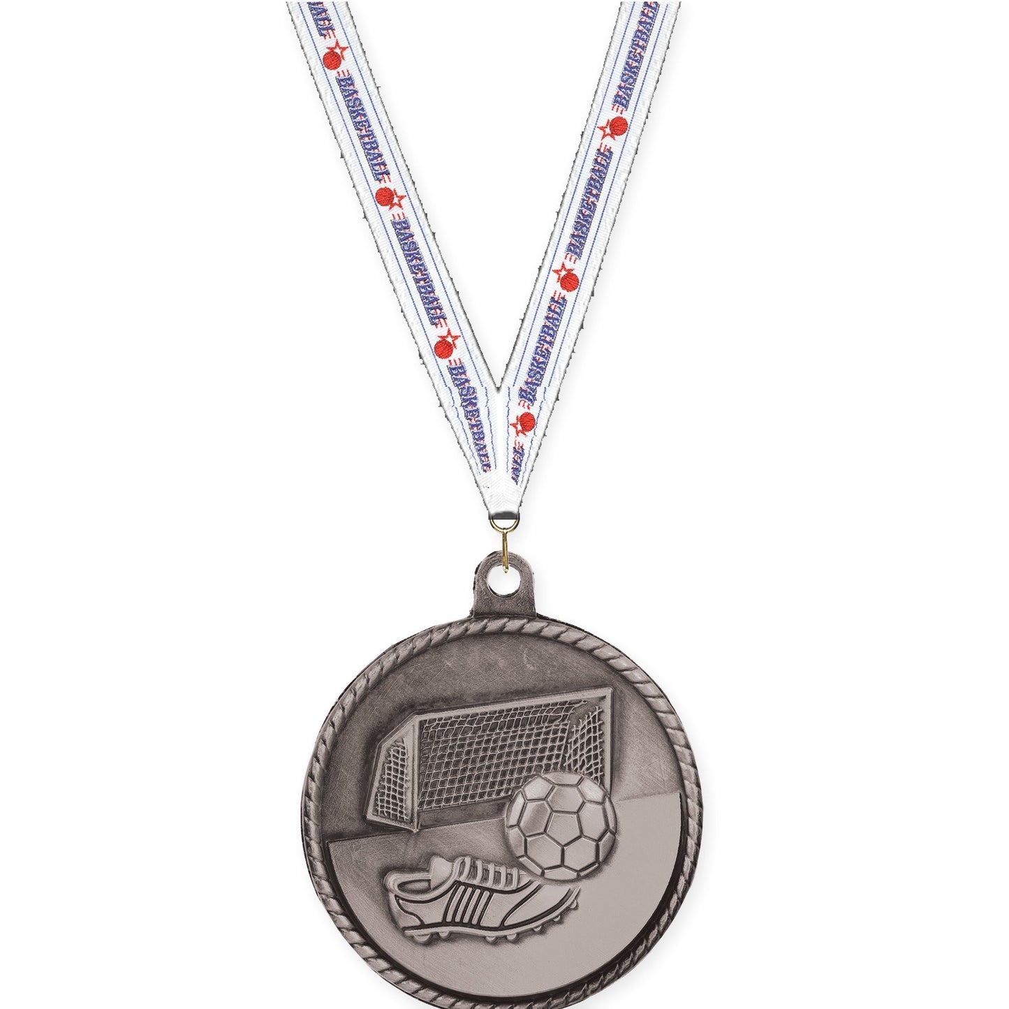 2 inch soccer High Relief medal in antique silver with Basketball neck ribbon