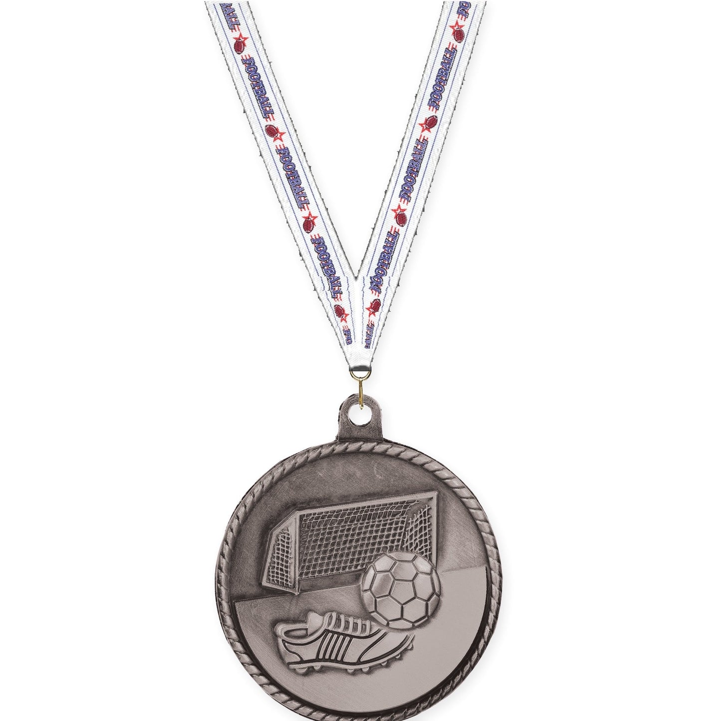 2 inch soccer High Relief medal in antique silver with Football neck ribbon