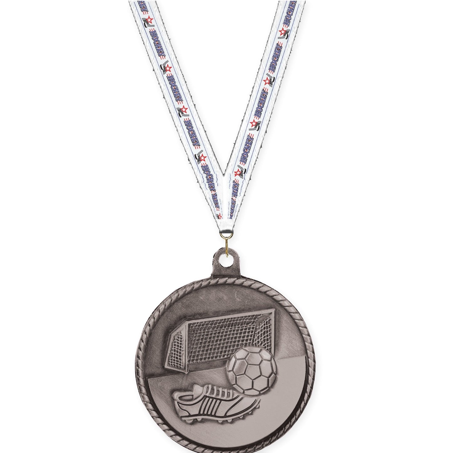 2 inch soccer High Relief medal in antique silver with Hockey neck ribbon