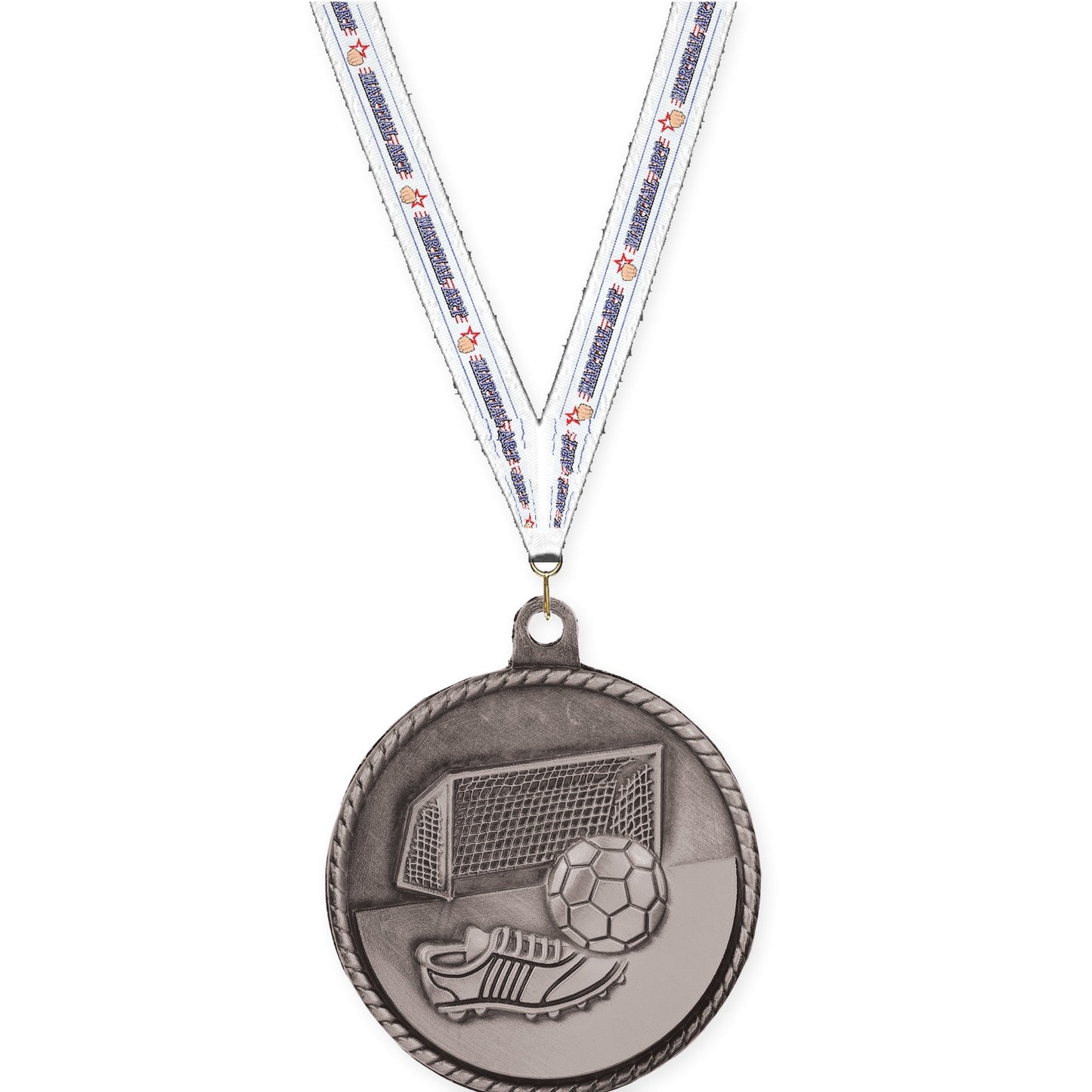 2 inch soccer High Relief medal in antique silver with Martial Arts neck ribbon