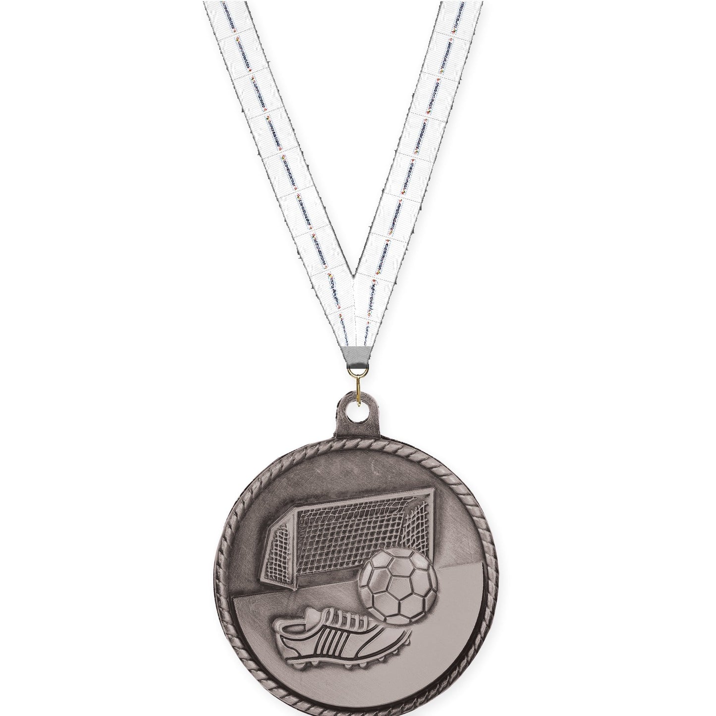 2 inch soccer High Relief medal in antique silver with Lamp Of Knowledge neck ribbon