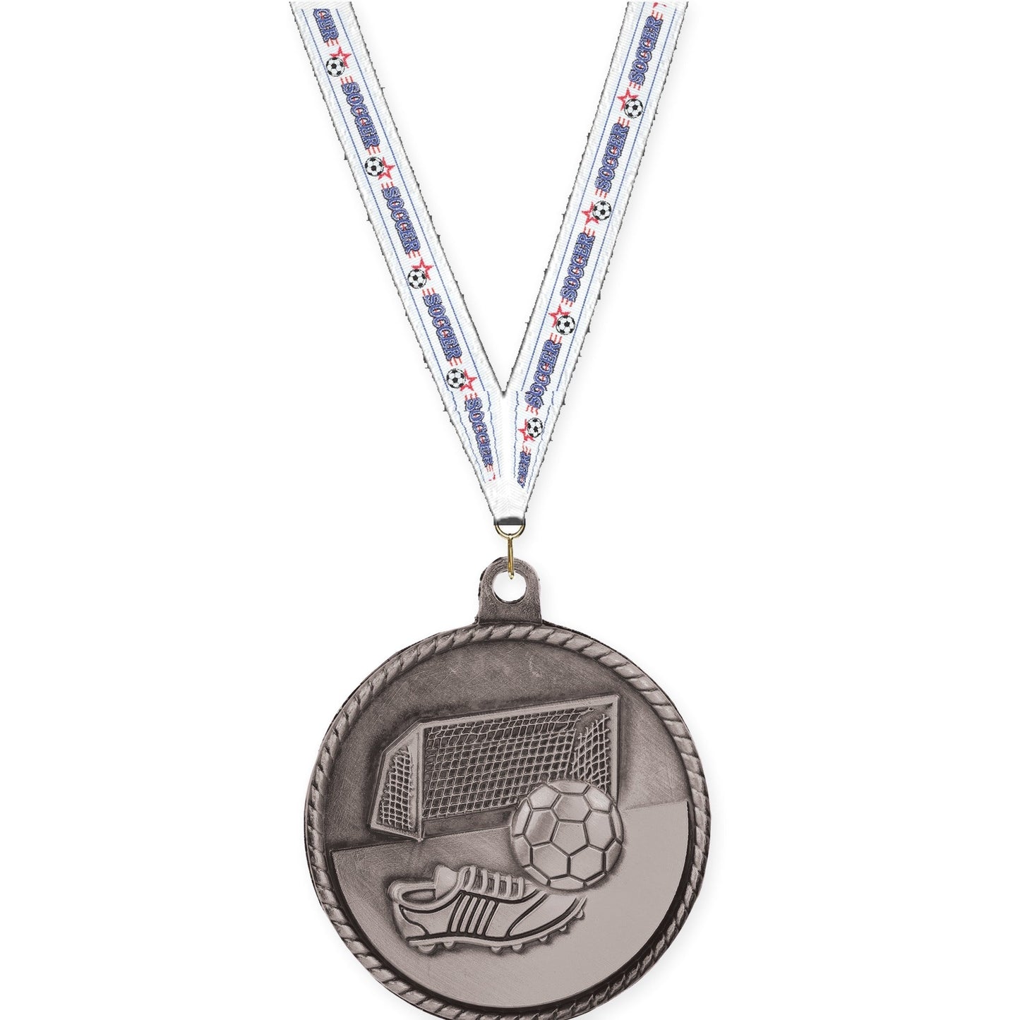 2 inch soccer High Relief medal in antique silver with Soccer neck ribbon