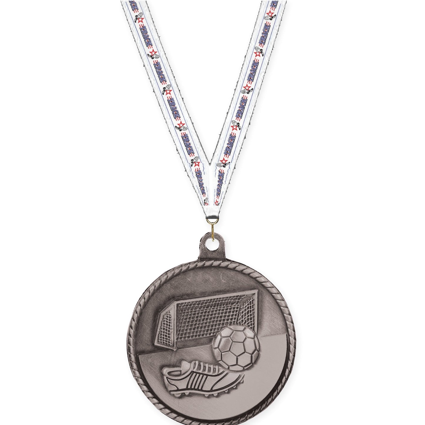 2 inch soccer High Relief medal in antique silver with Track neck ribbon