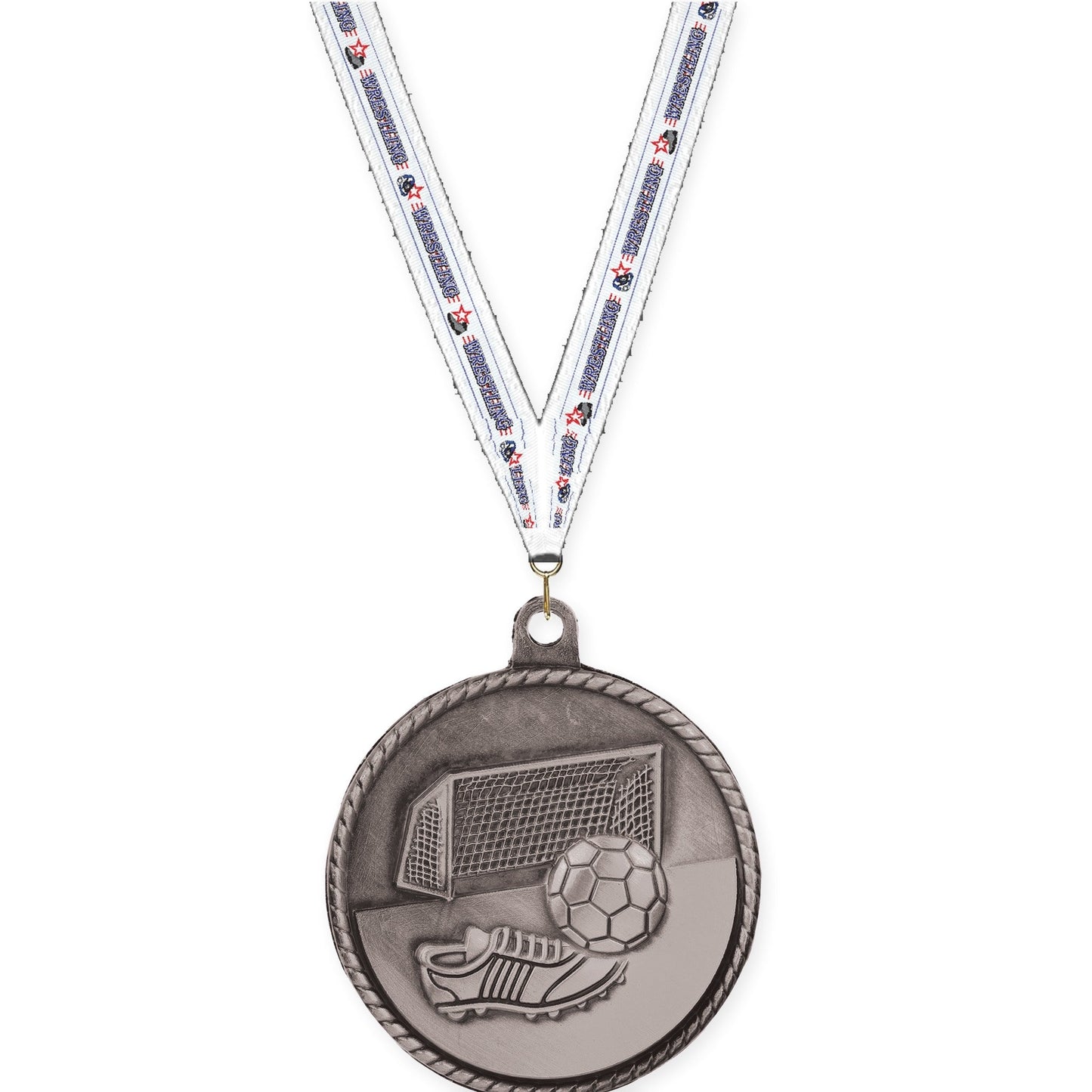 2 inch soccer High Relief medal in antique silver with Wrestling neck ribbon