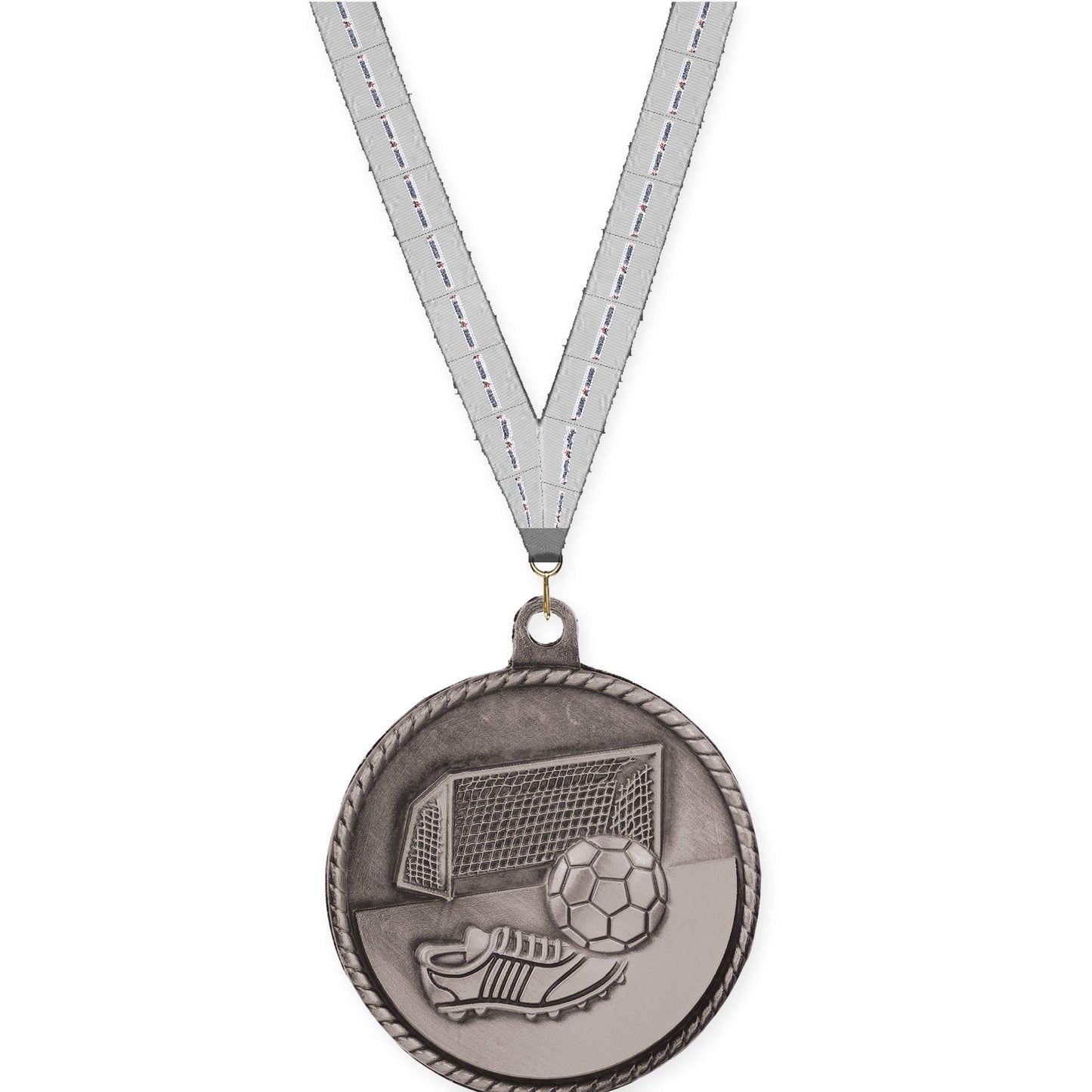 2 inch soccer High Relief medal in antique silver with Auto Racing neck ribbon