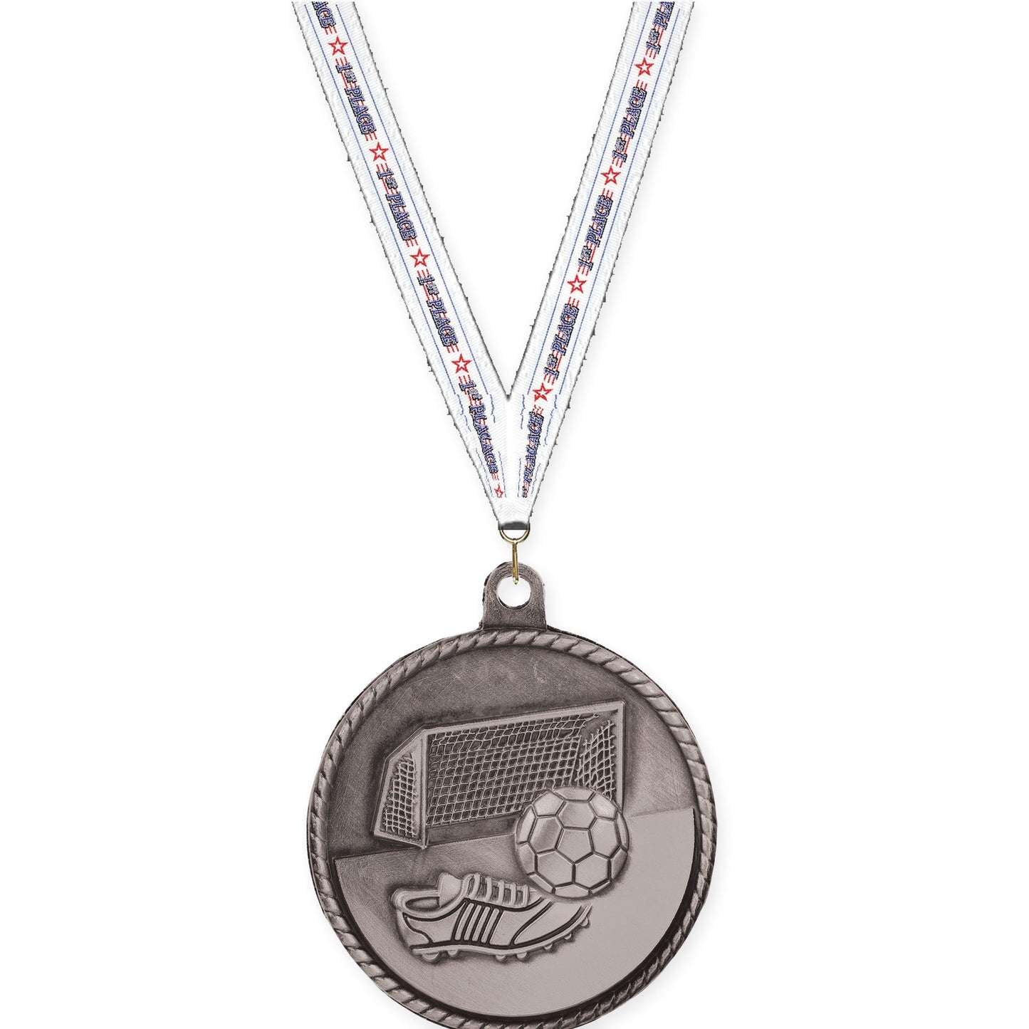 2 inch soccer High Relief medal in antique silver with 1st Place neck ribbon