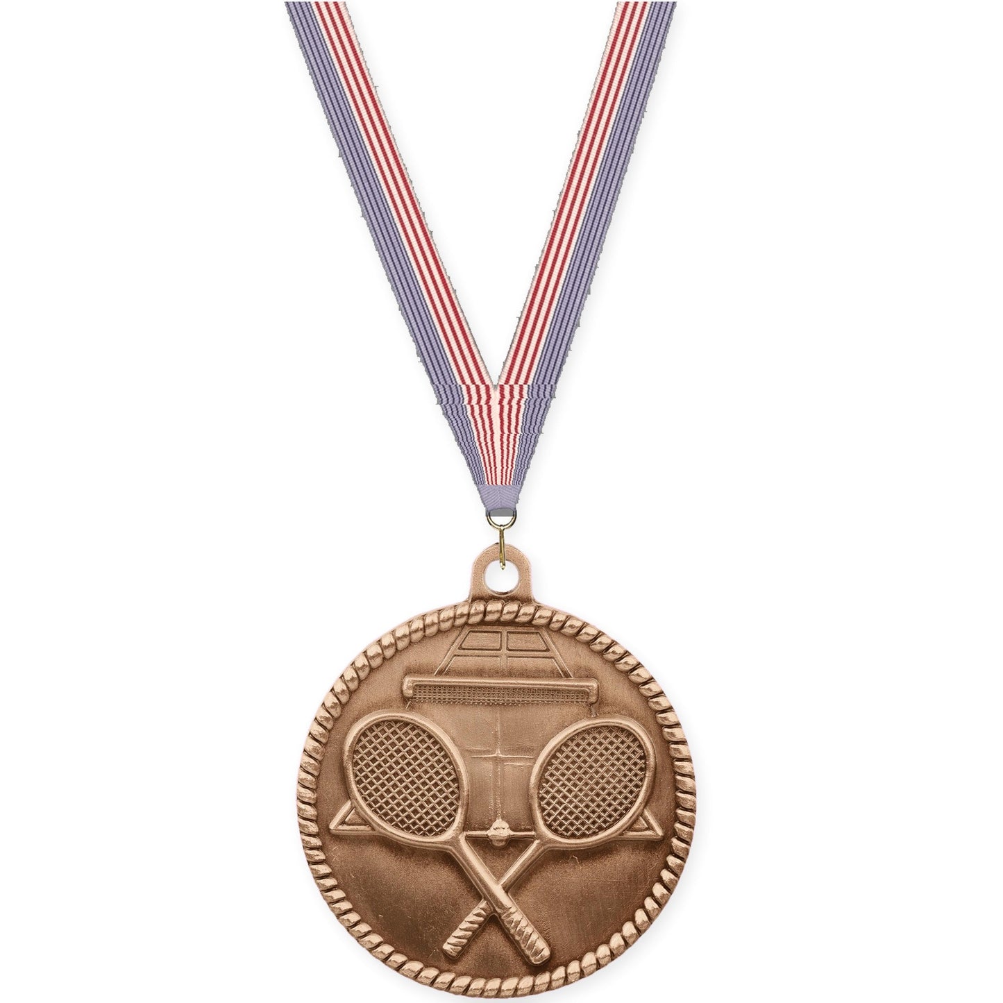2 inch tennis High Relief medal in antique bronze with USA Flag neck ribbon