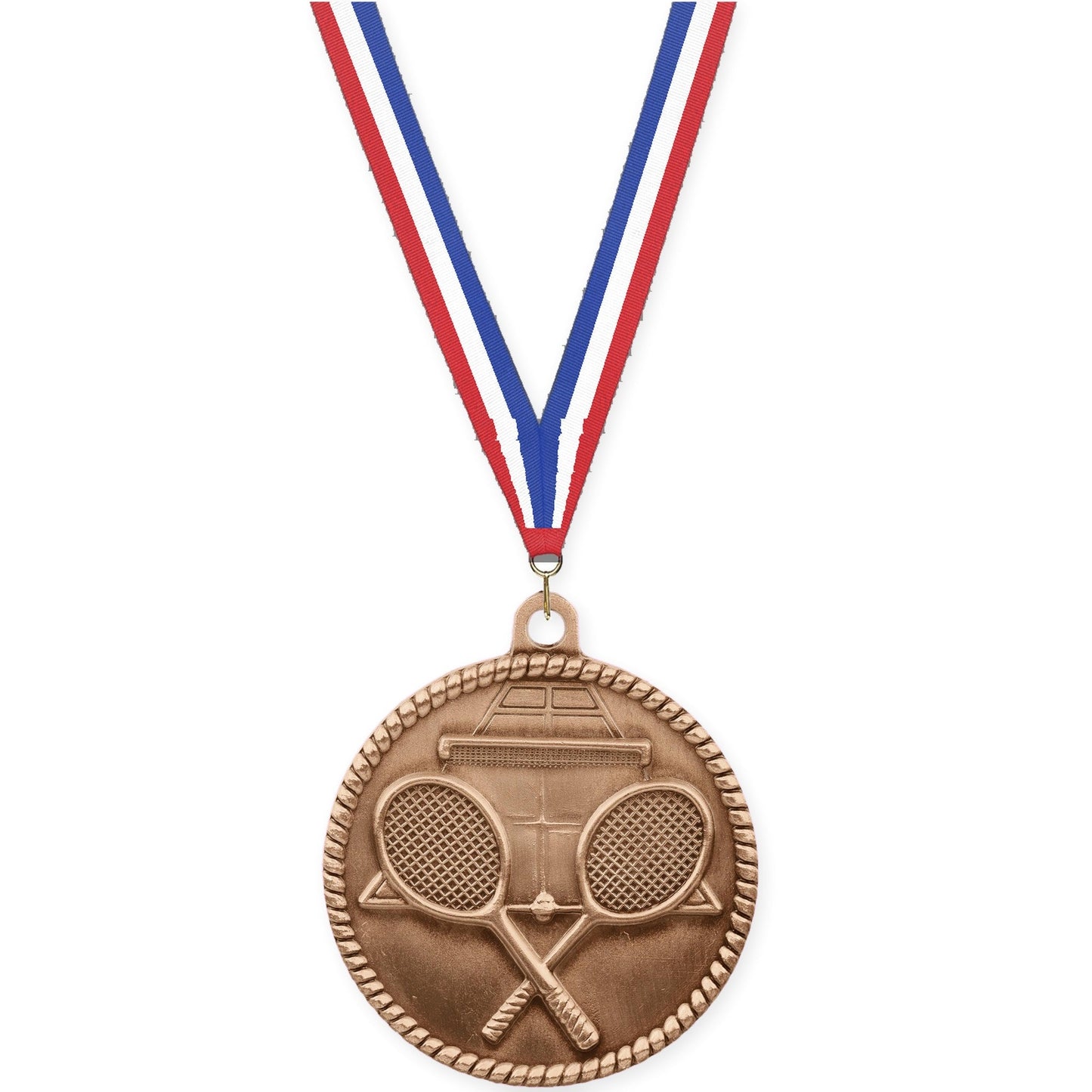2 inch tennis High Relief medal in antique bronze with Red White Blue neck ribbon