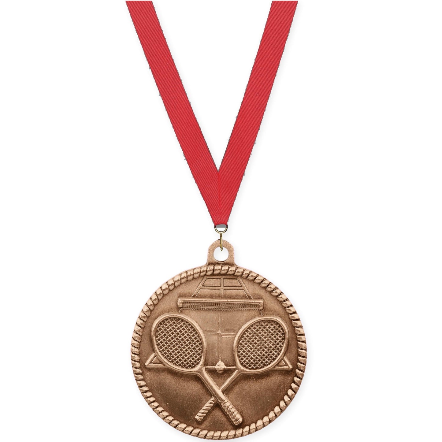 2 inch tennis High Relief medal in antique bronze with Red neck ribbon