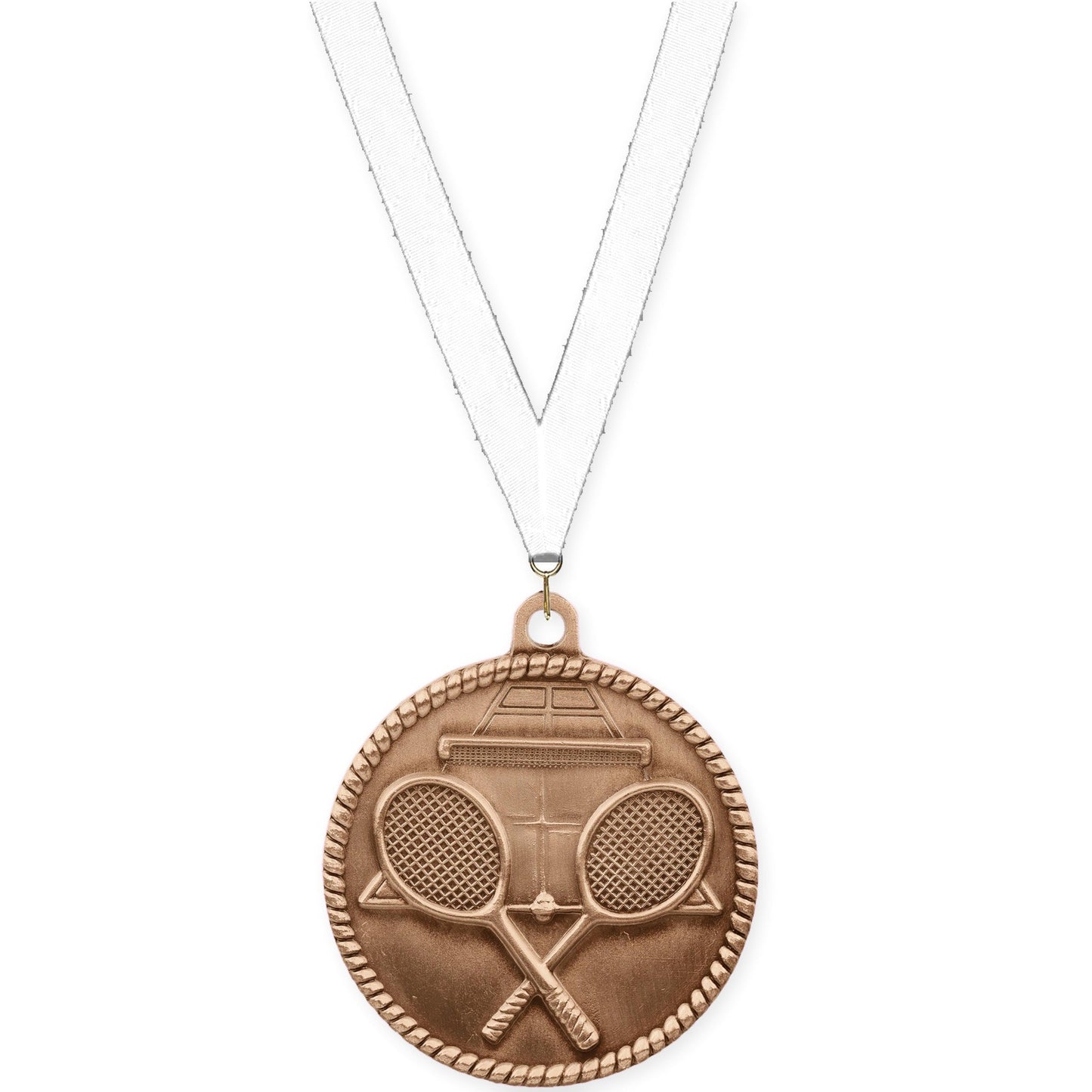2 inch tennis High Relief medal in antique bronze with White neck ribbon