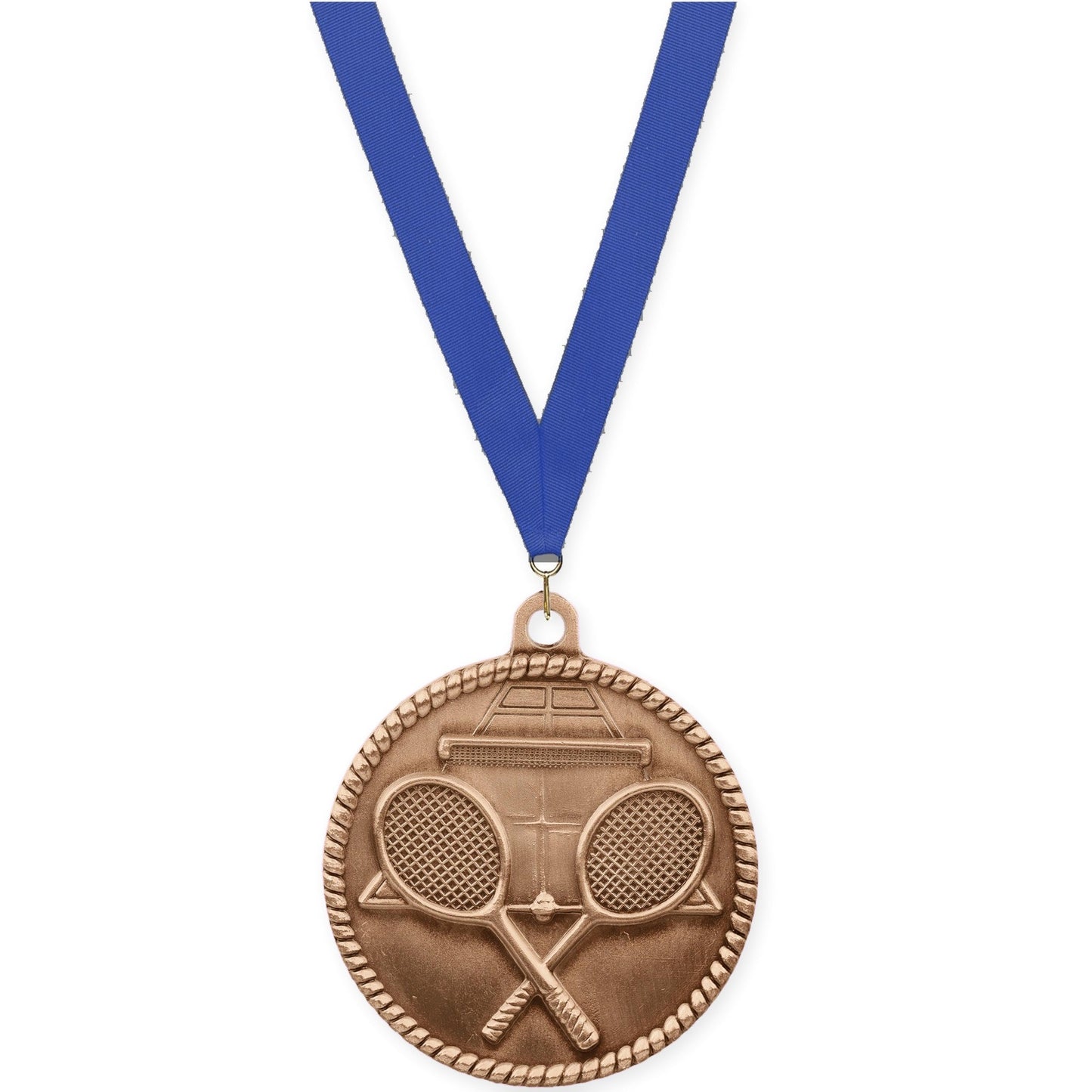 2 inch tennis High Relief medal in antique bronze with Blue neck ribbon