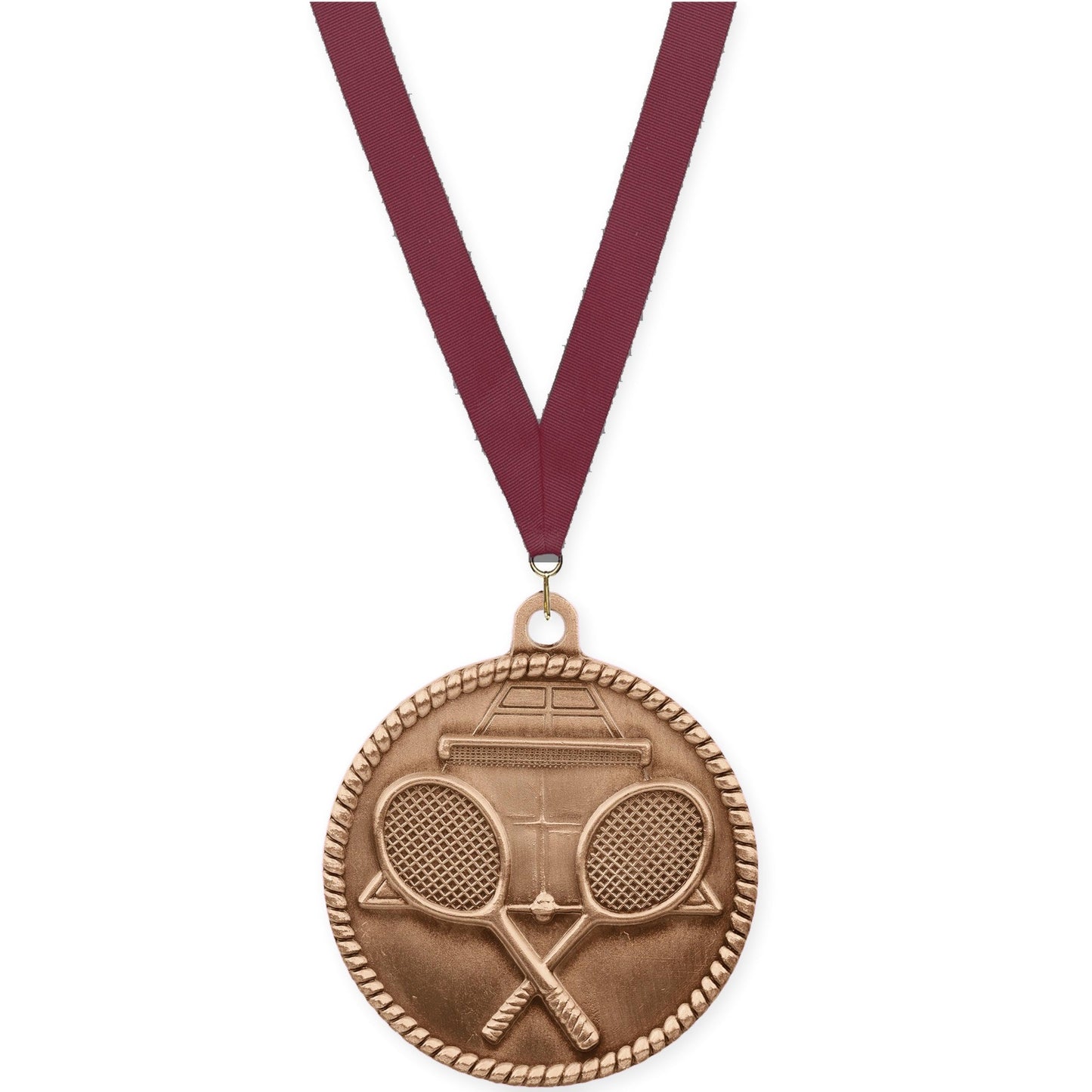 2 inch tennis High Relief medal in antique bronze with Maroon neck ribbon