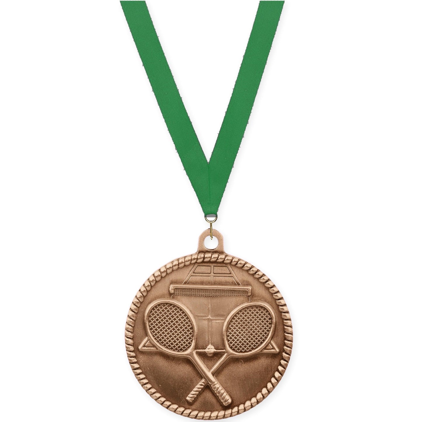 2 inch tennis High Relief medal in antique bronze with Green neck ribbon