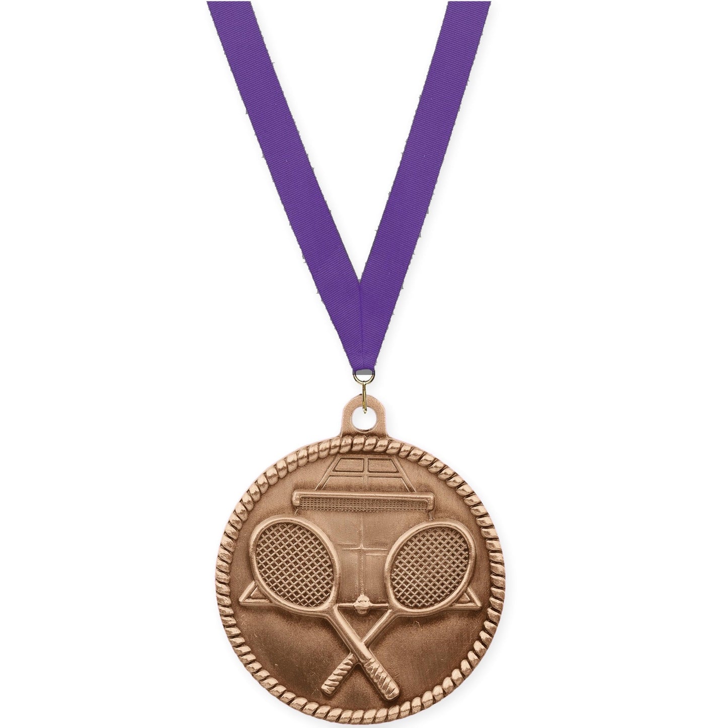 2 inch tennis High Relief medal in antique bronze with Purple neck ribbon