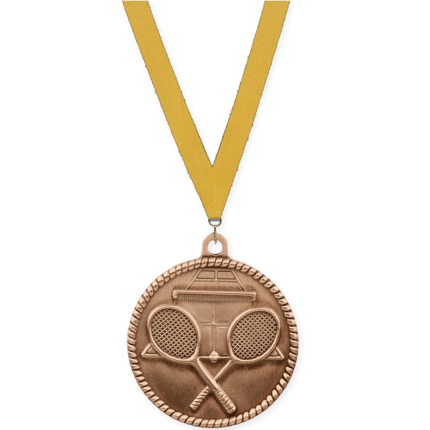 2 inch tennis High Relief medal in antique bronze with Gold neck ribbon