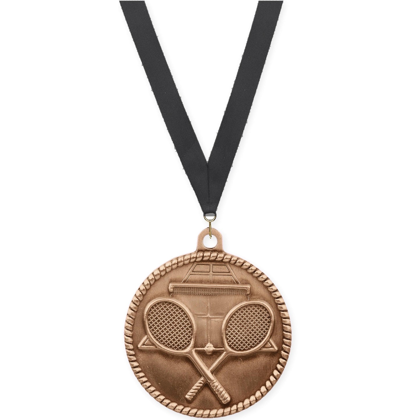 2 inch tennis High Relief medal in antique bronze with Black neck ribbon