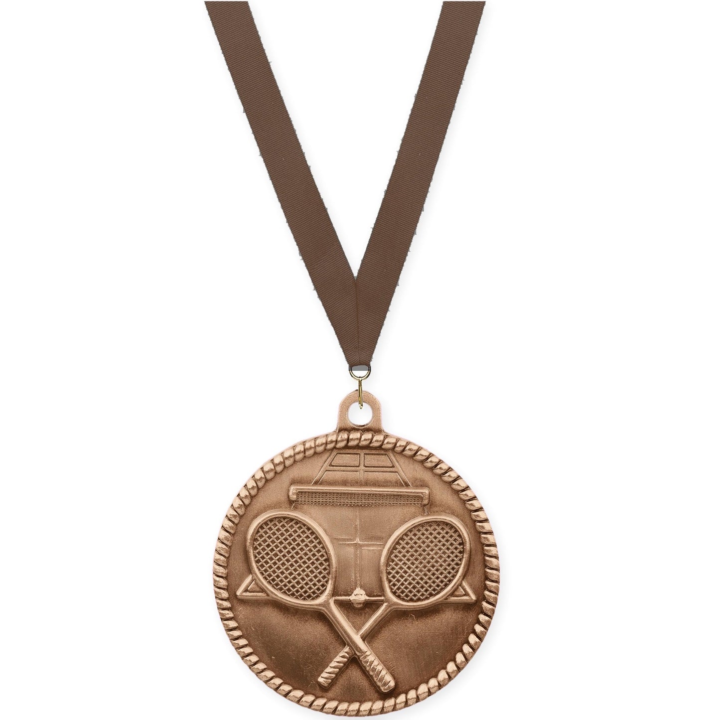 2 inch tennis High Relief medal in antique bronze with Brown neck ribbon