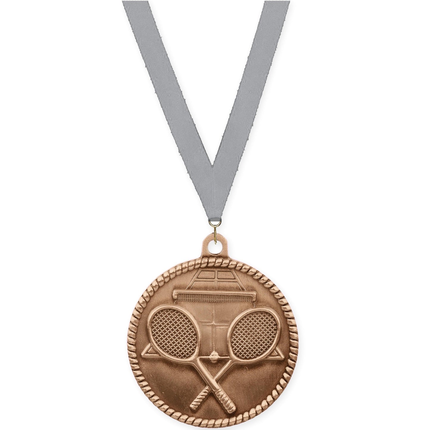 2 inch tennis High Relief medal in antique bronze with Gray neck ribbon
