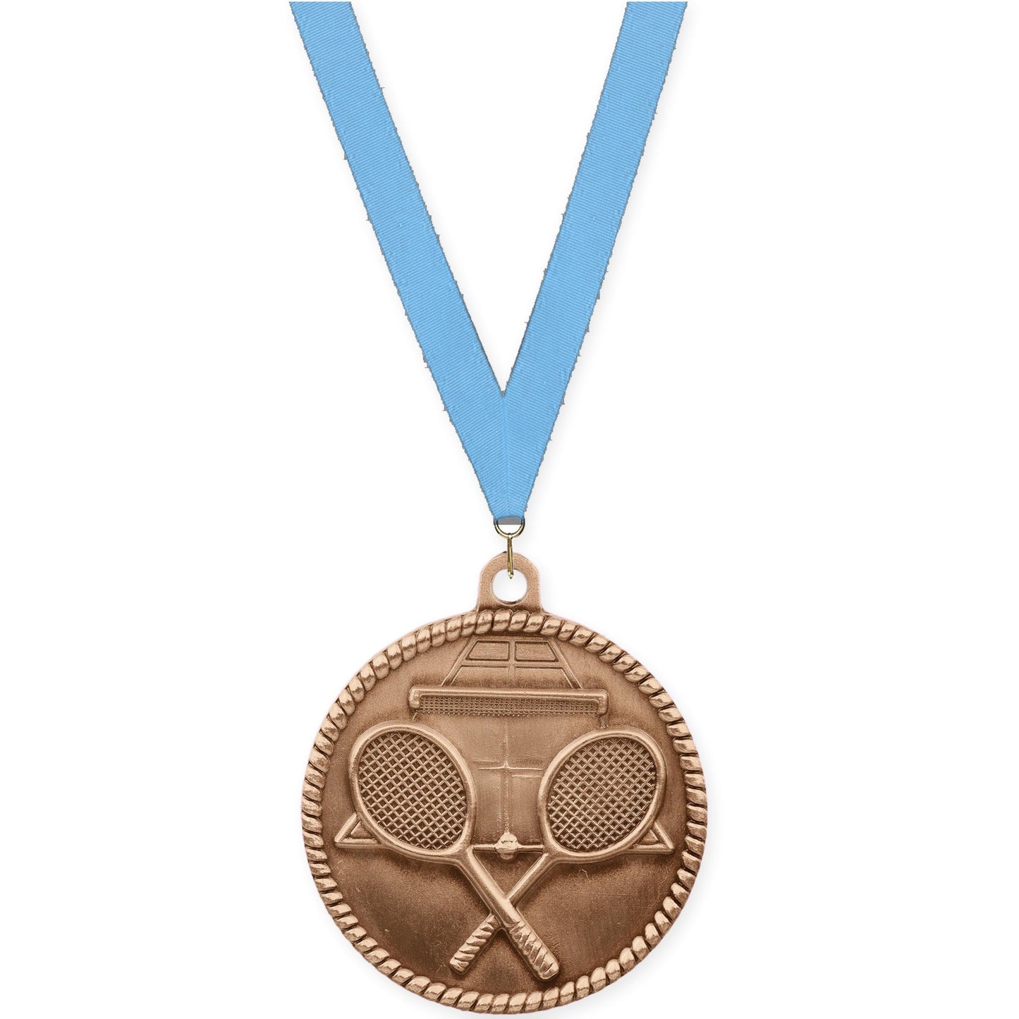 2 inch tennis High Relief medal in antique bronze with Light Blue neck ribbon