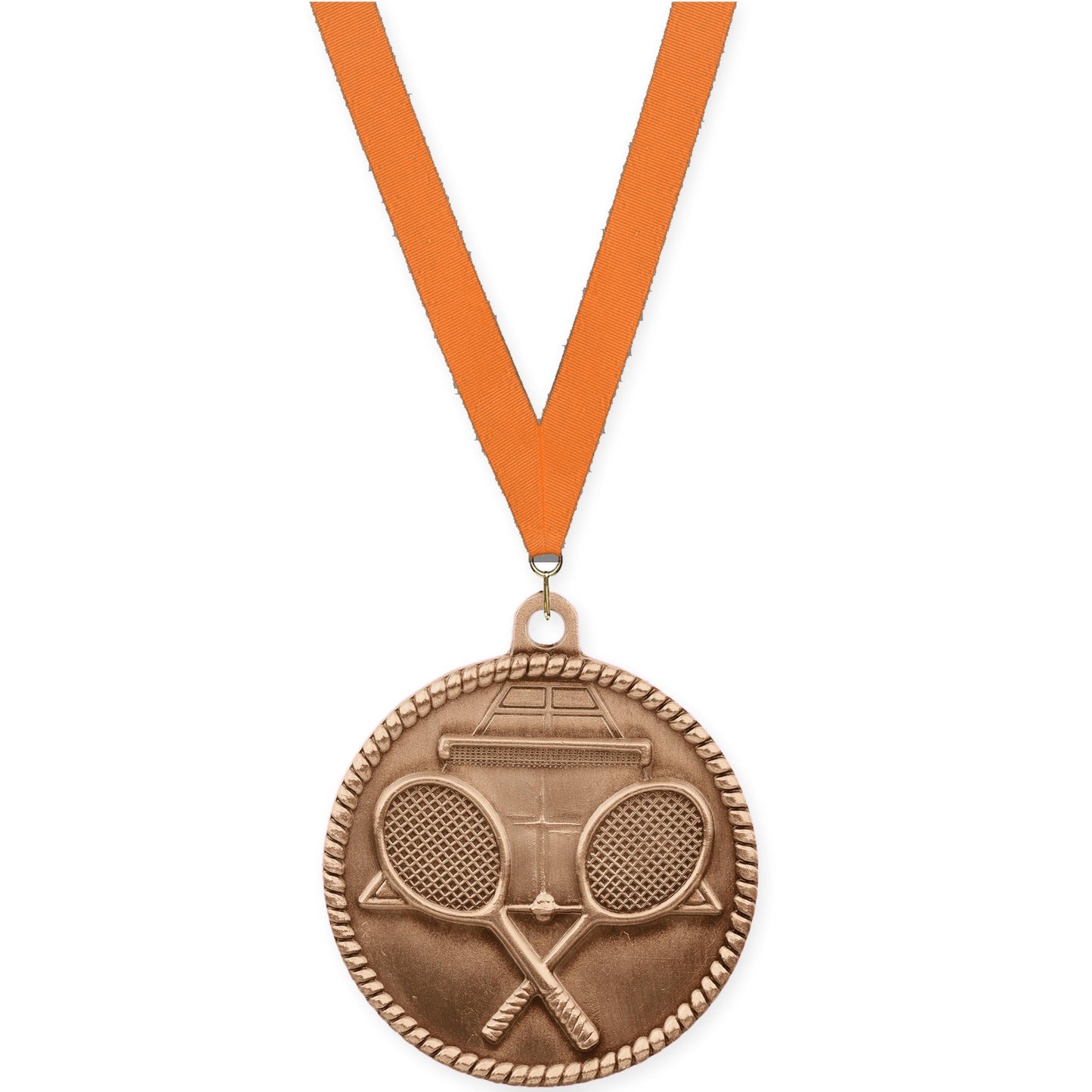 2 inch tennis High Relief medal in antique bronze with Orange neck ribbon