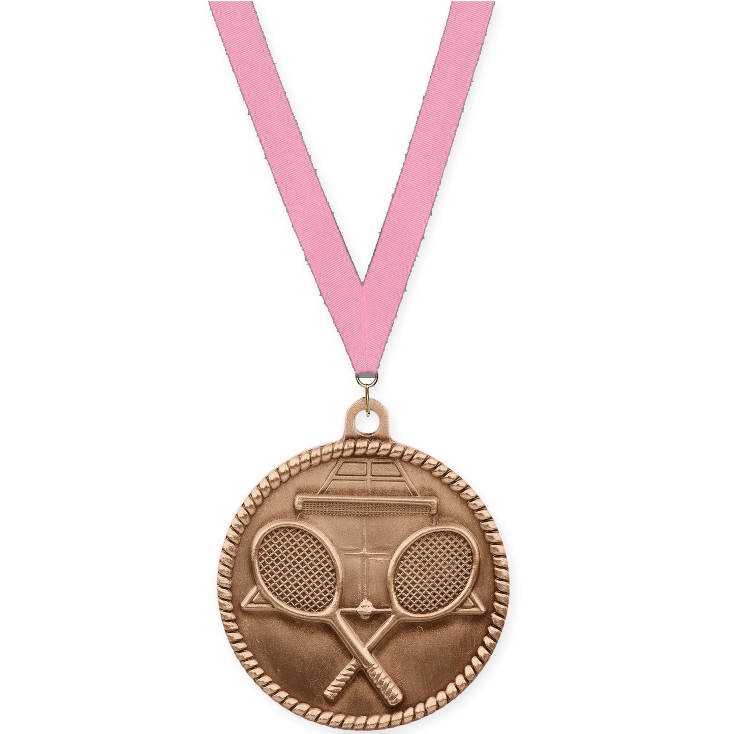 2 inch tennis High Relief medal in antique bronze with Pink neck ribbon