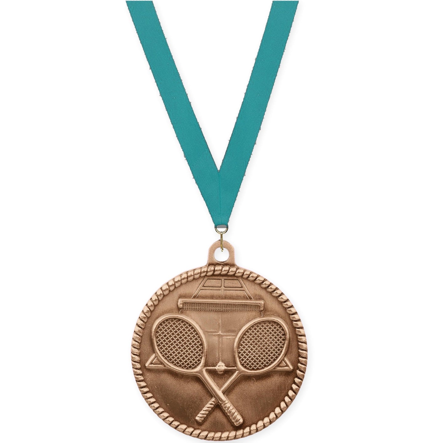 2 inch tennis High Relief medal in antique bronze with Teal neck ribbon