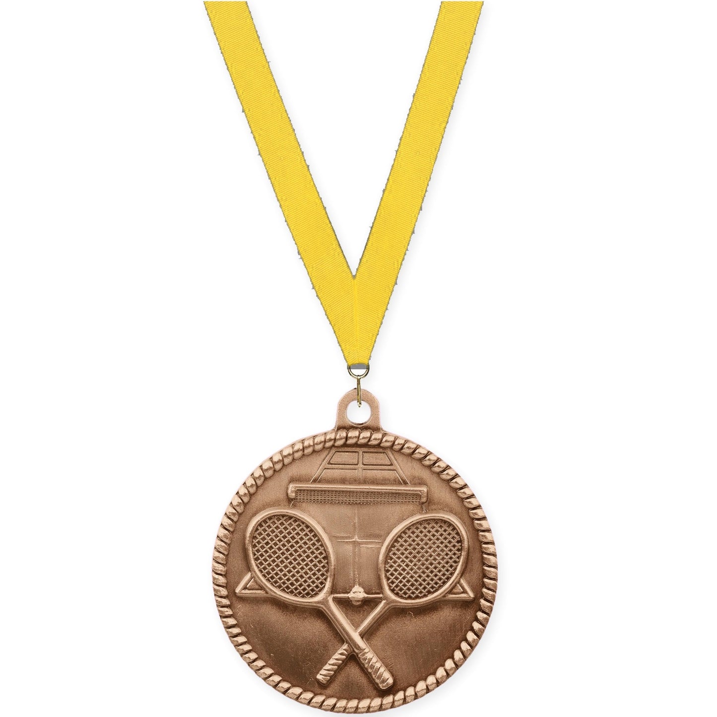 2 inch tennis High Relief medal in antique bronze with Yellow neck ribbon