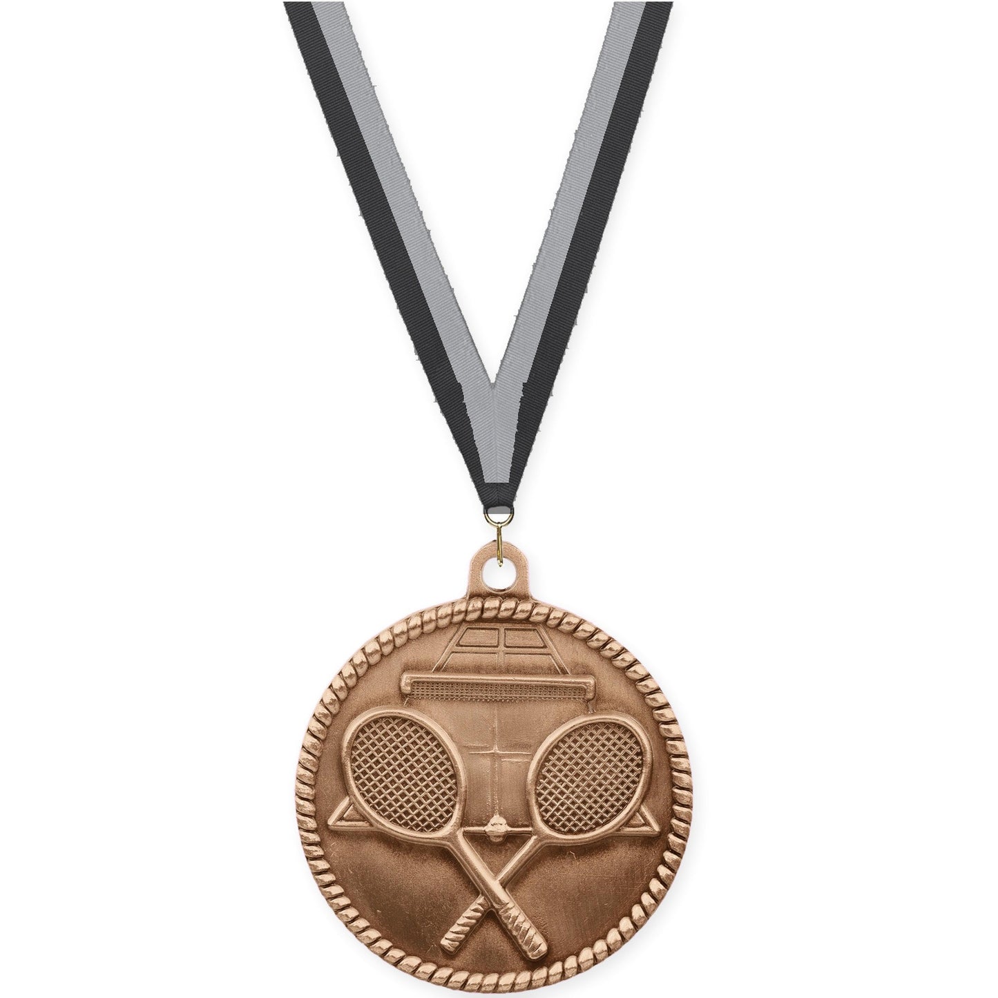 2 inch tennis High Relief medal in antique bronze with Black Gray neck ribbon