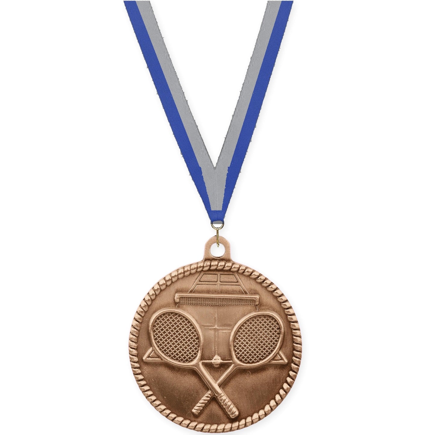 2 inch tennis High Relief medal in antique bronze with Blue Gray neck ribbon