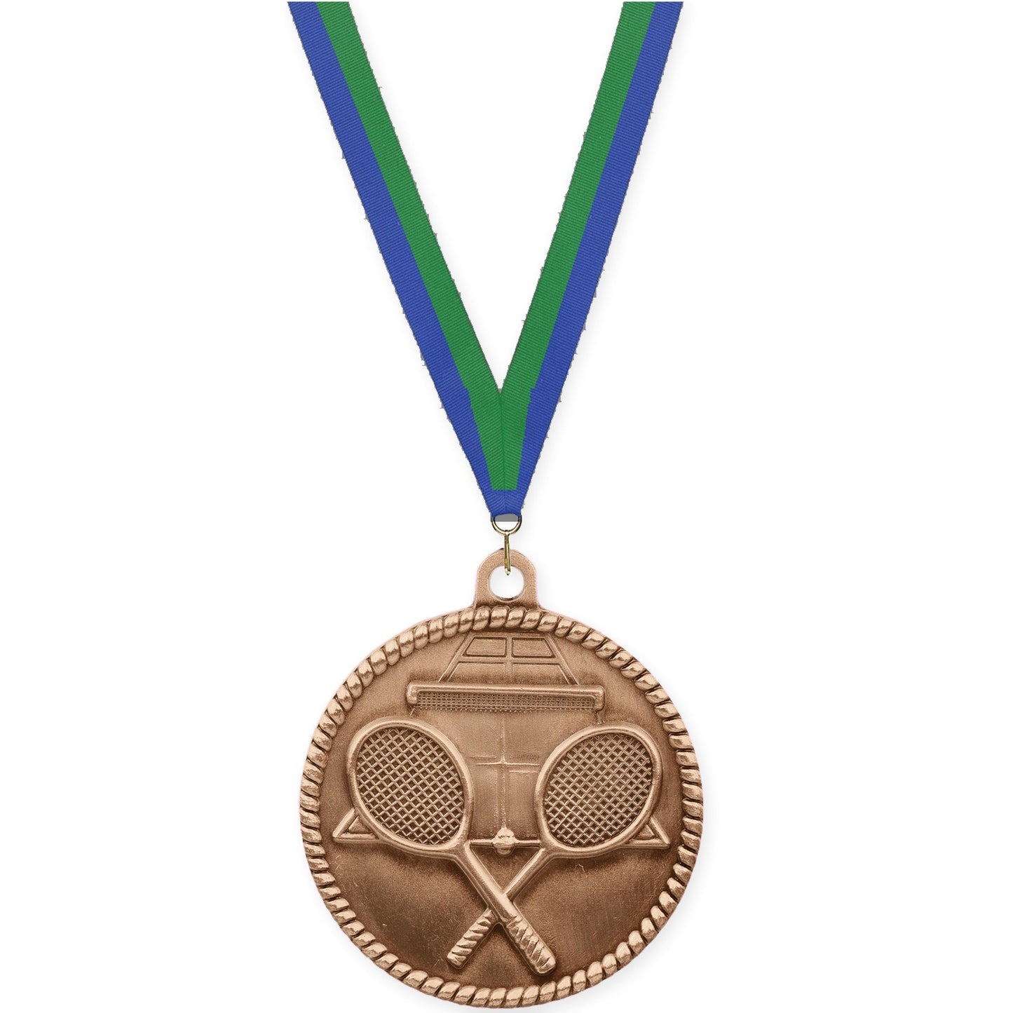 2 inch tennis High Relief medal in antique bronze with Blue Green neck ribbon