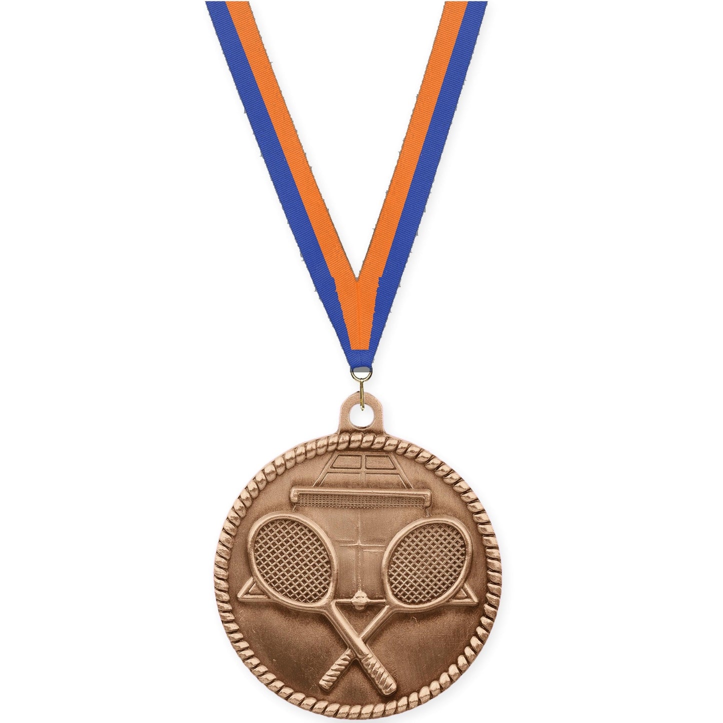 2 inch tennis High Relief medal in antique bronze with Blue Orange neck ribbon