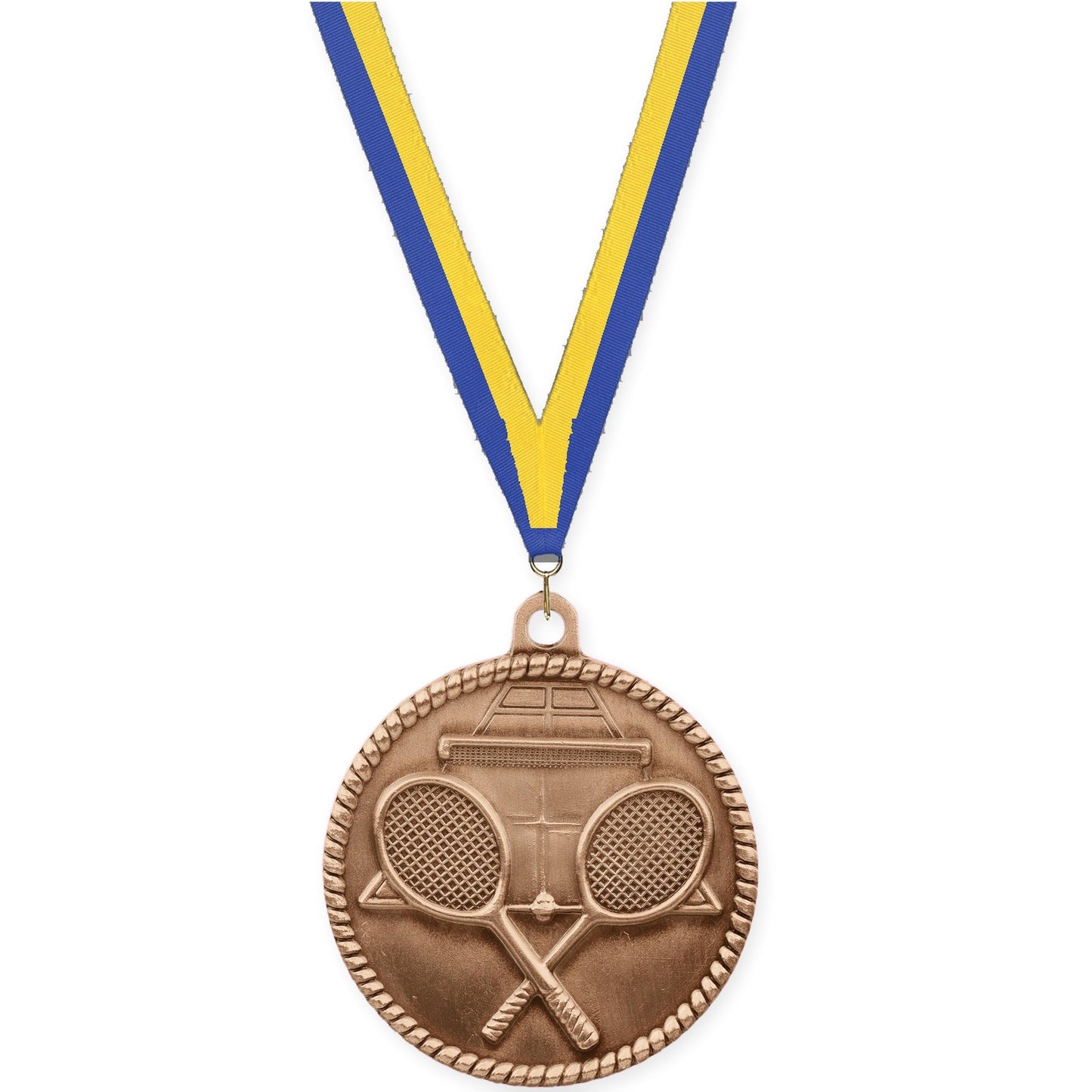 2 inch tennis High Relief medal in antique bronze with Blue Yellow neck ribbon