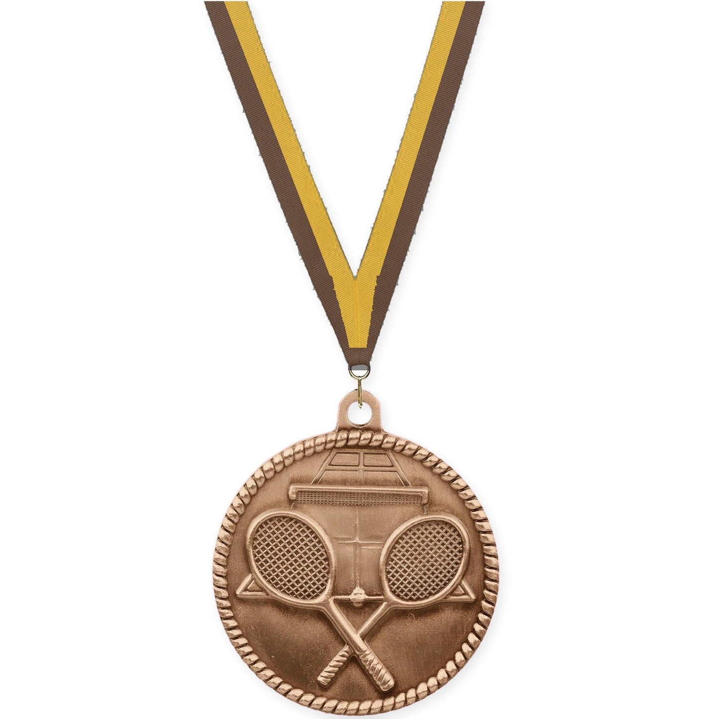 2 inch tennis High Relief medal in antique bronze with Brown Gold neck ribbon