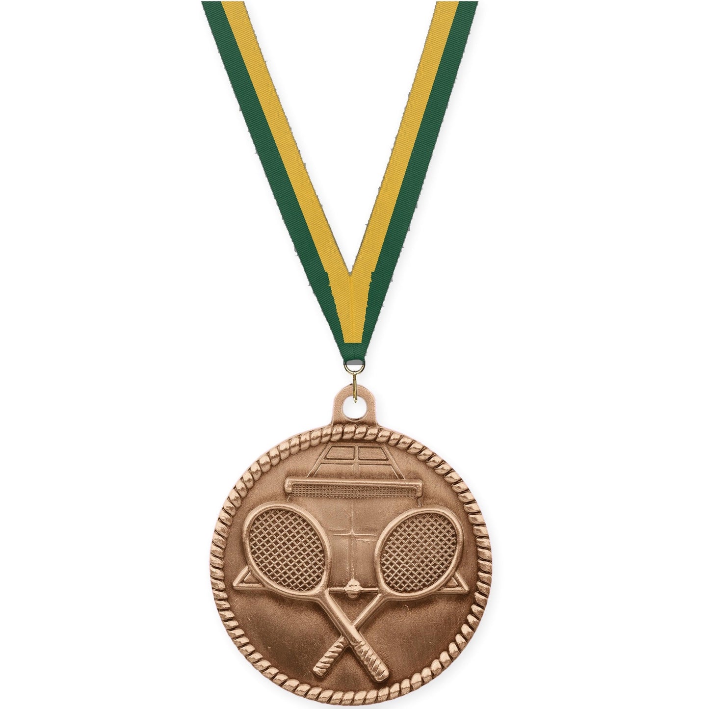 2 inch tennis High Relief medal in antique bronze with Hunter Green Gold neck ribbon