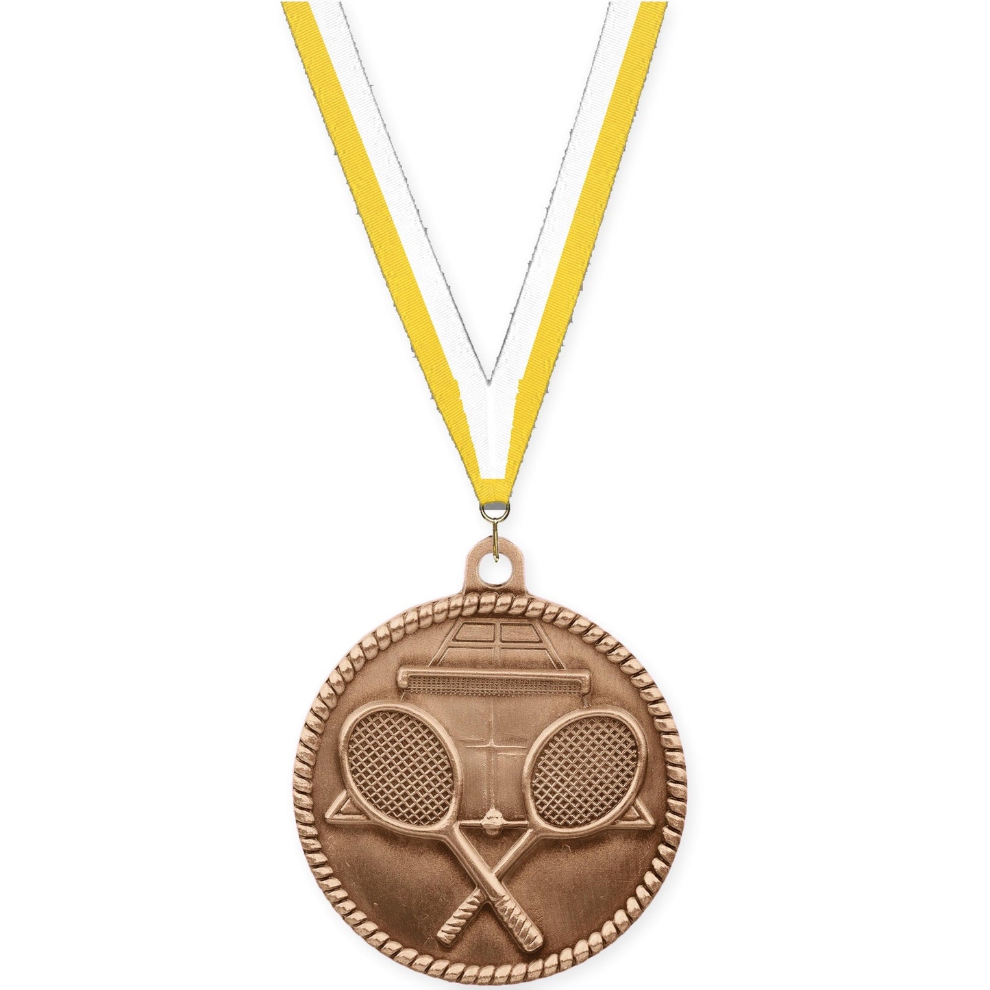 2 inch tennis High Relief medal in antique bronze with Yellow White neck ribbon