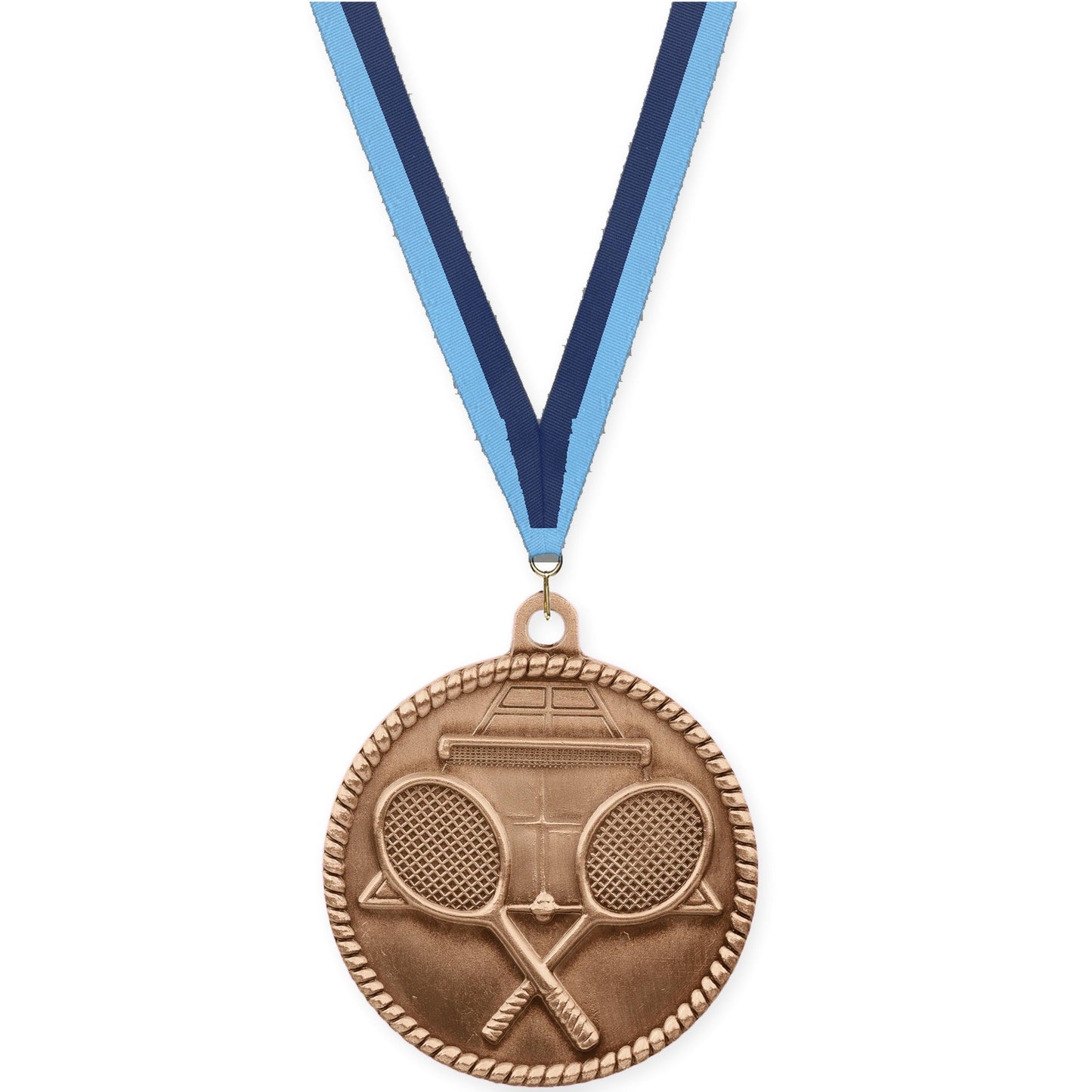 2 inch tennis High Relief medal in antique bronze with Light Blue Navy neck ribbon