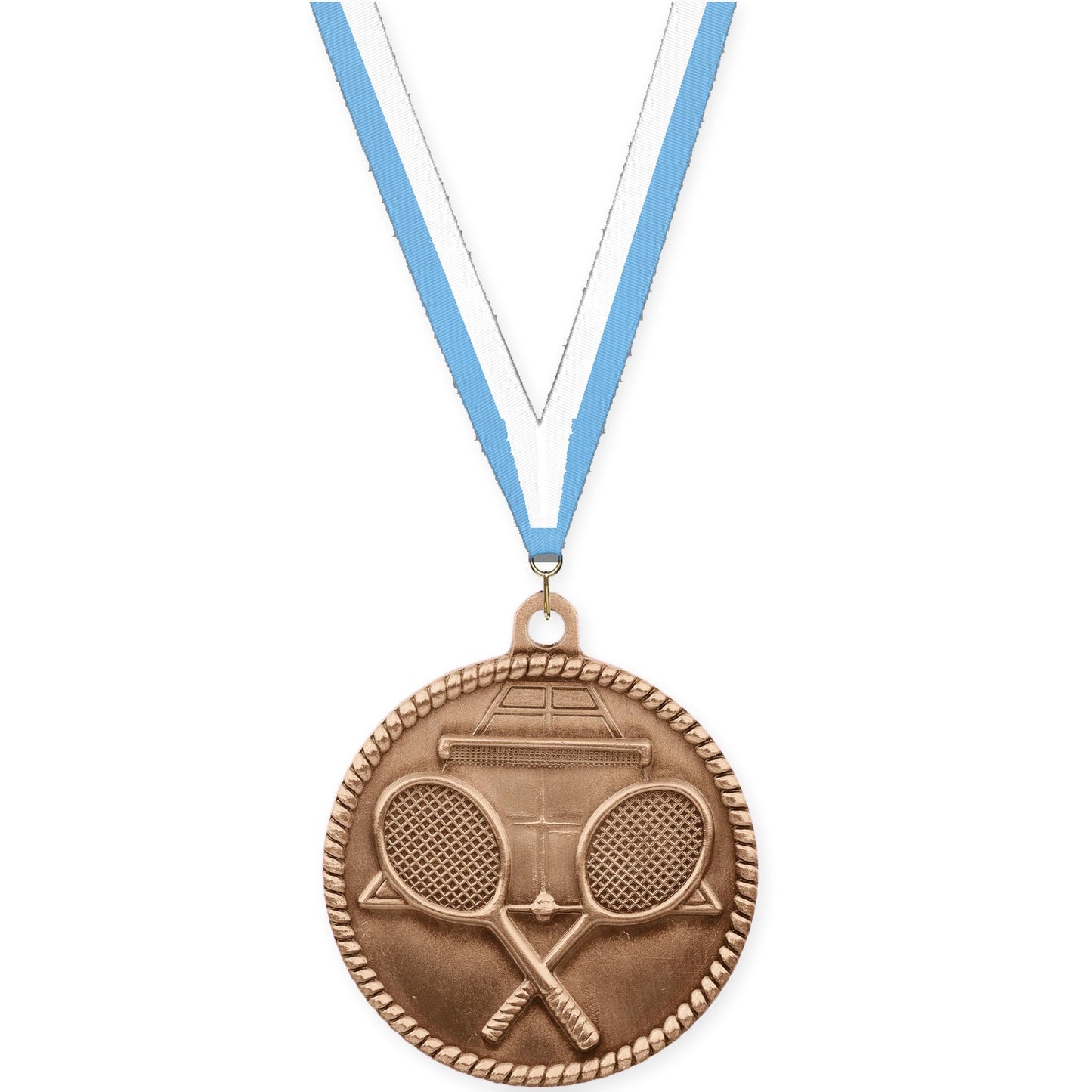 2 inch tennis High Relief medal in antique bronze with Light Blue White neck ribbon