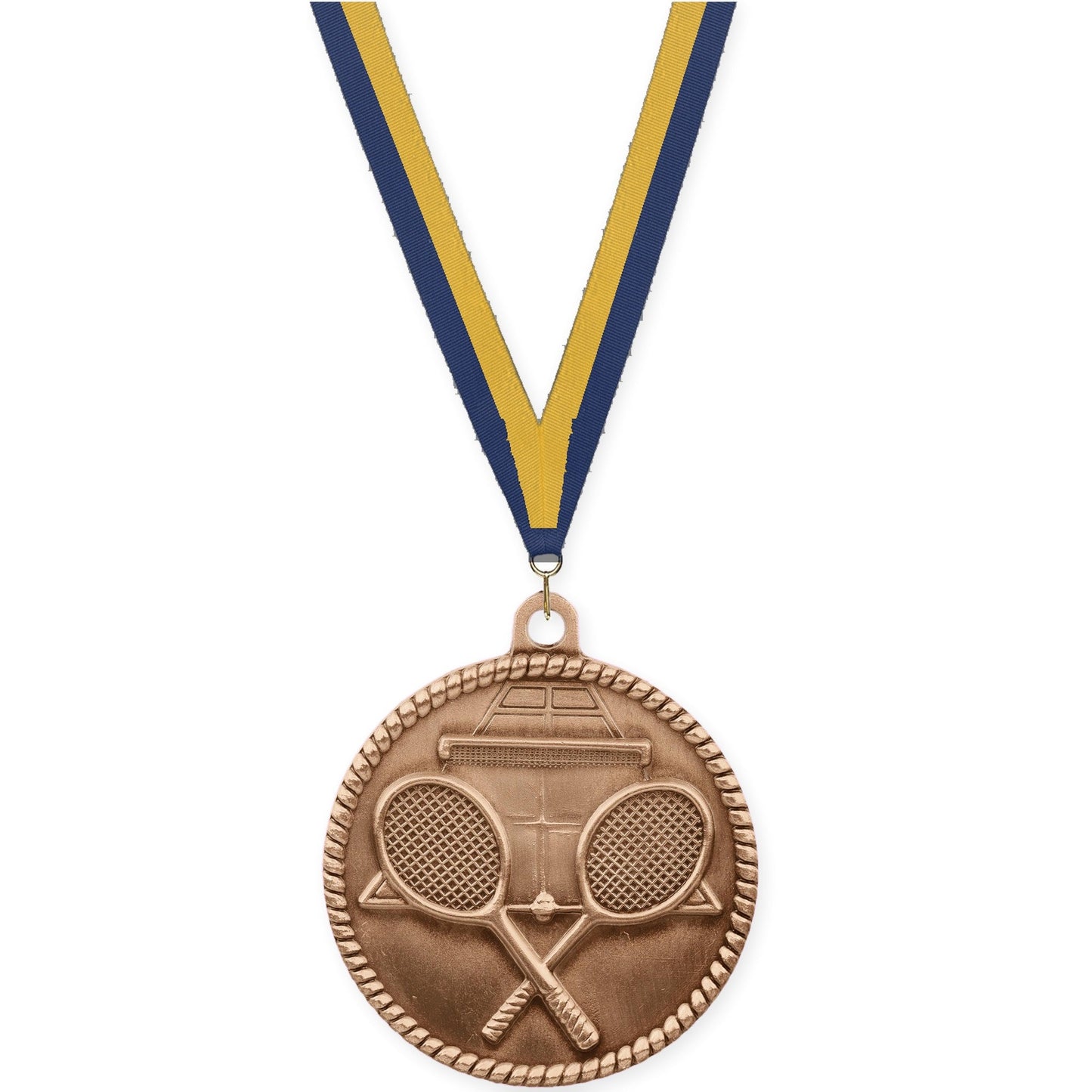 2 inch tennis High Relief medal in antique bronze with Navy Gold neck ribbon