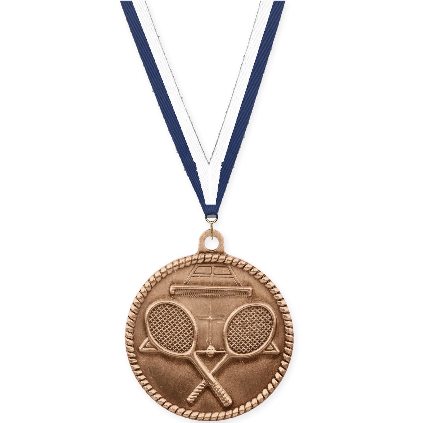 2 inch tennis High Relief medal in antique bronze with Navy White neck ribbon