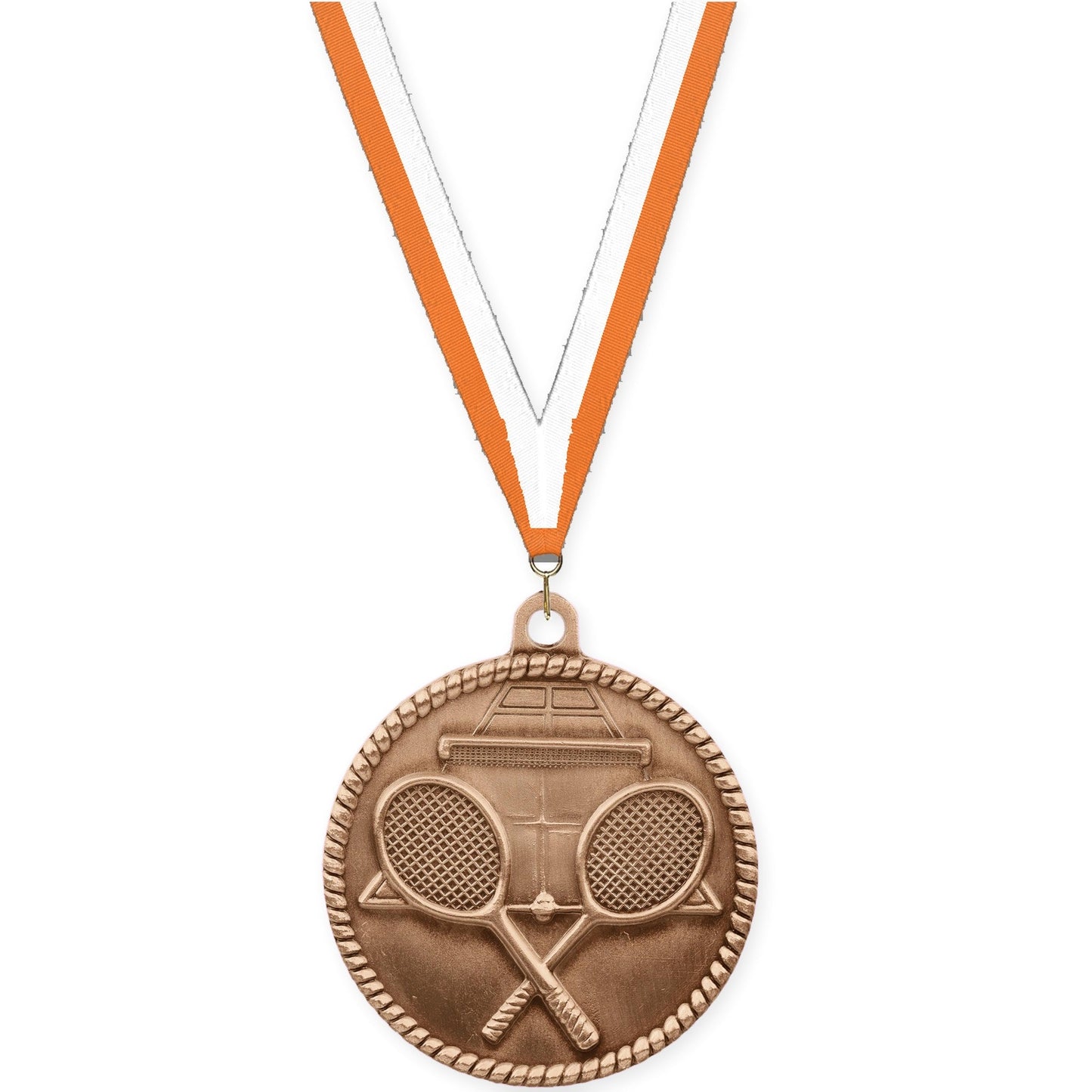 2 inch tennis High Relief medal in antique bronze with Orange White neck ribbon