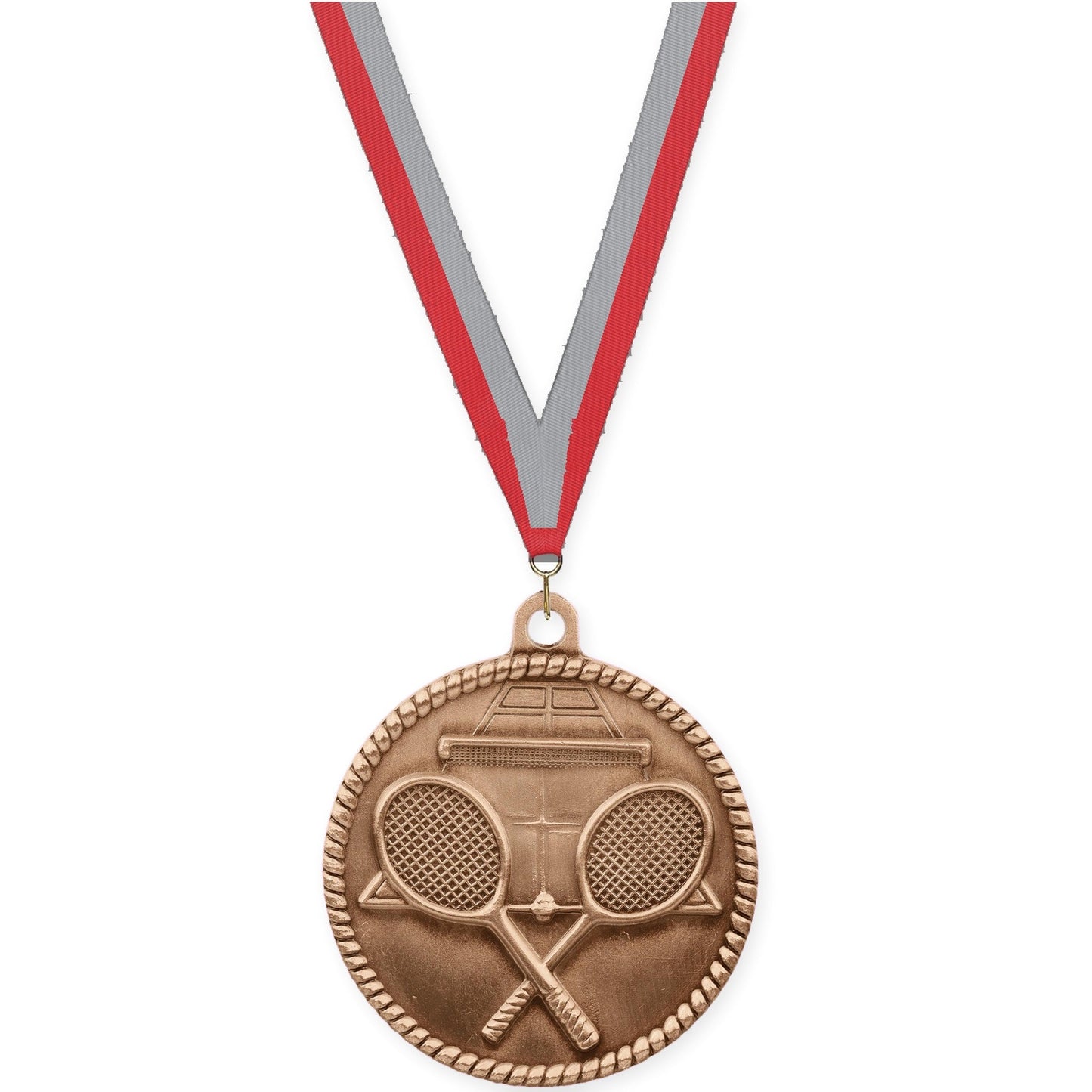 2 inch tennis High Relief medal in antique bronze with Red Gray neck ribbon