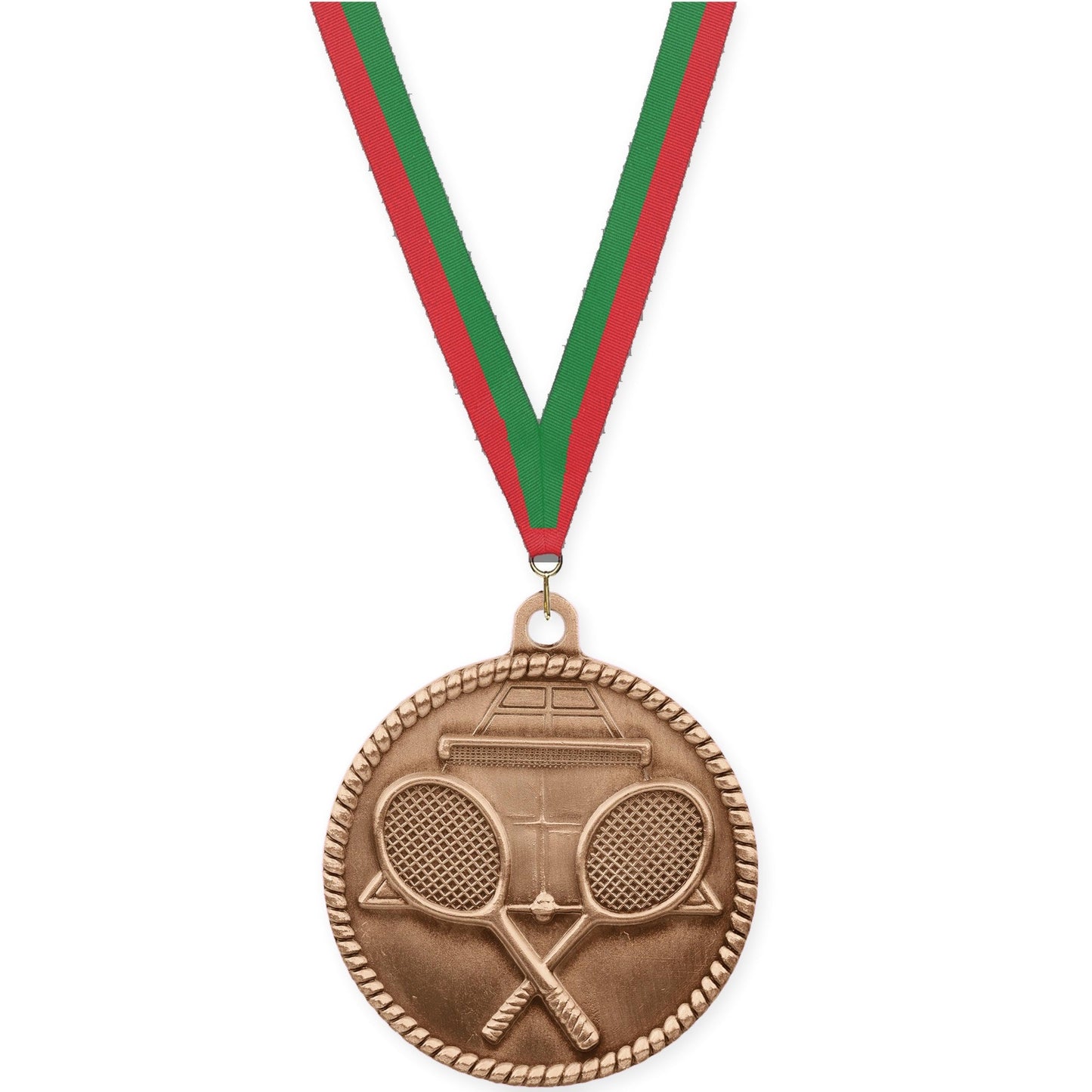 2 inch tennis High Relief medal in antique bronze with Red Green neck ribbon