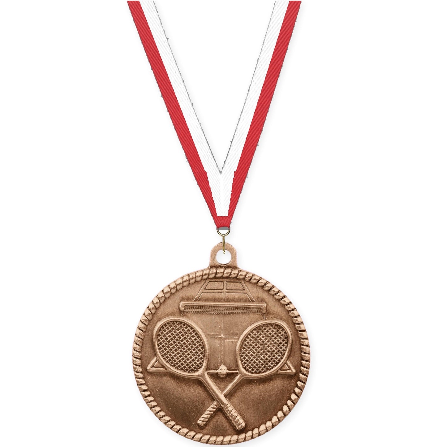 2 inch tennis High Relief medal in antique bronze with Red White neck ribbon