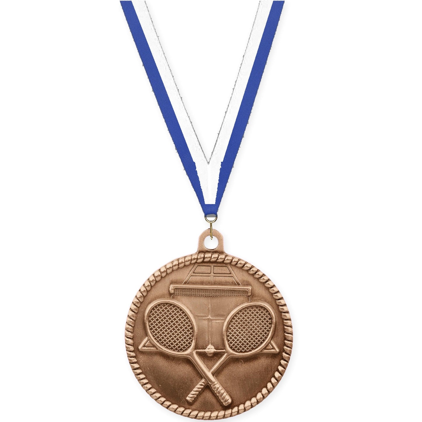 2 inch tennis High Relief medal in antique bronze with Blue White neck ribbon